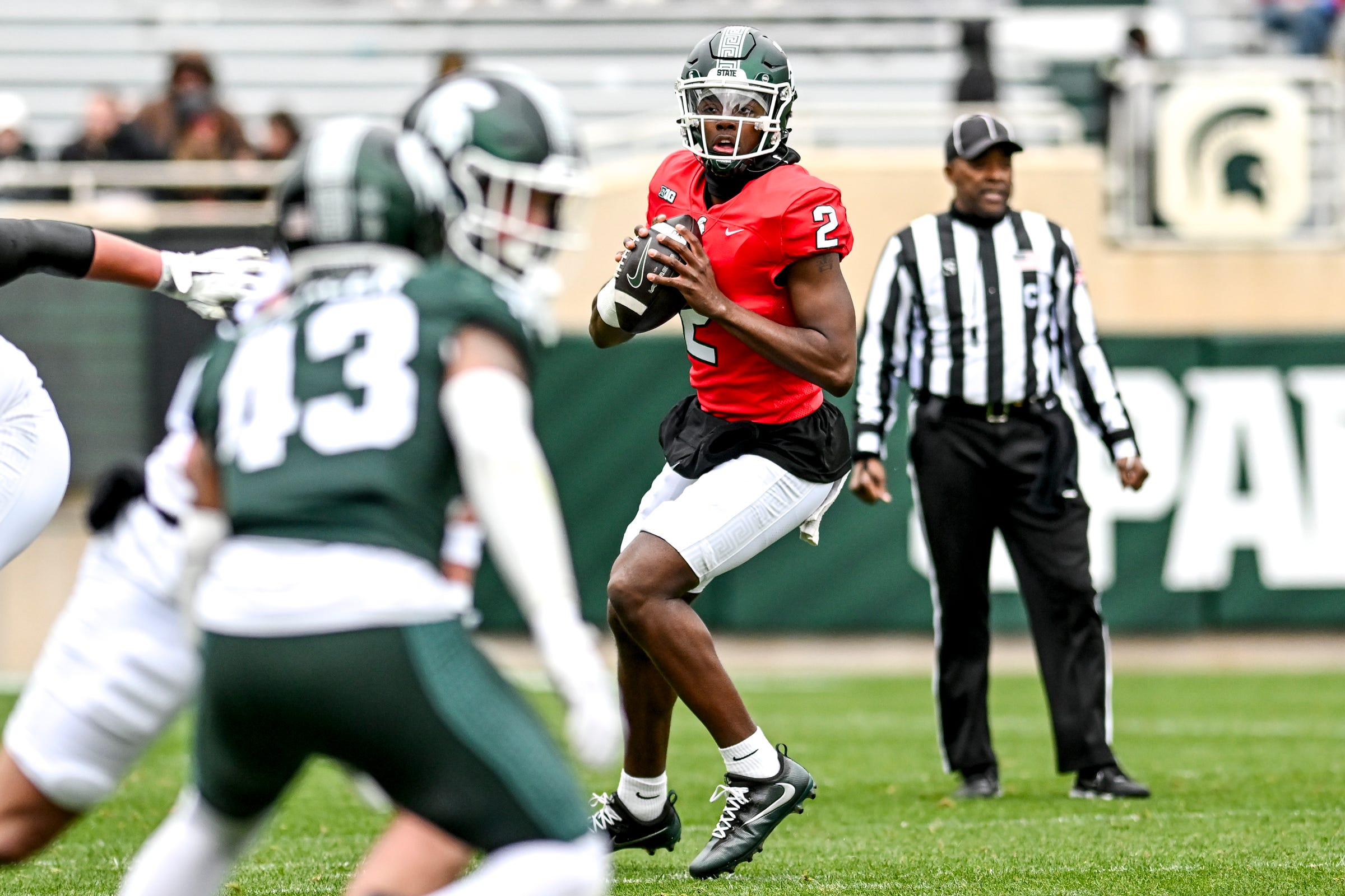 Michigan State's Aidan Chiles looks to throw during the Spring Showcase on Saturday, April 20, 2024, at Spartan Stadium in East Lansing.