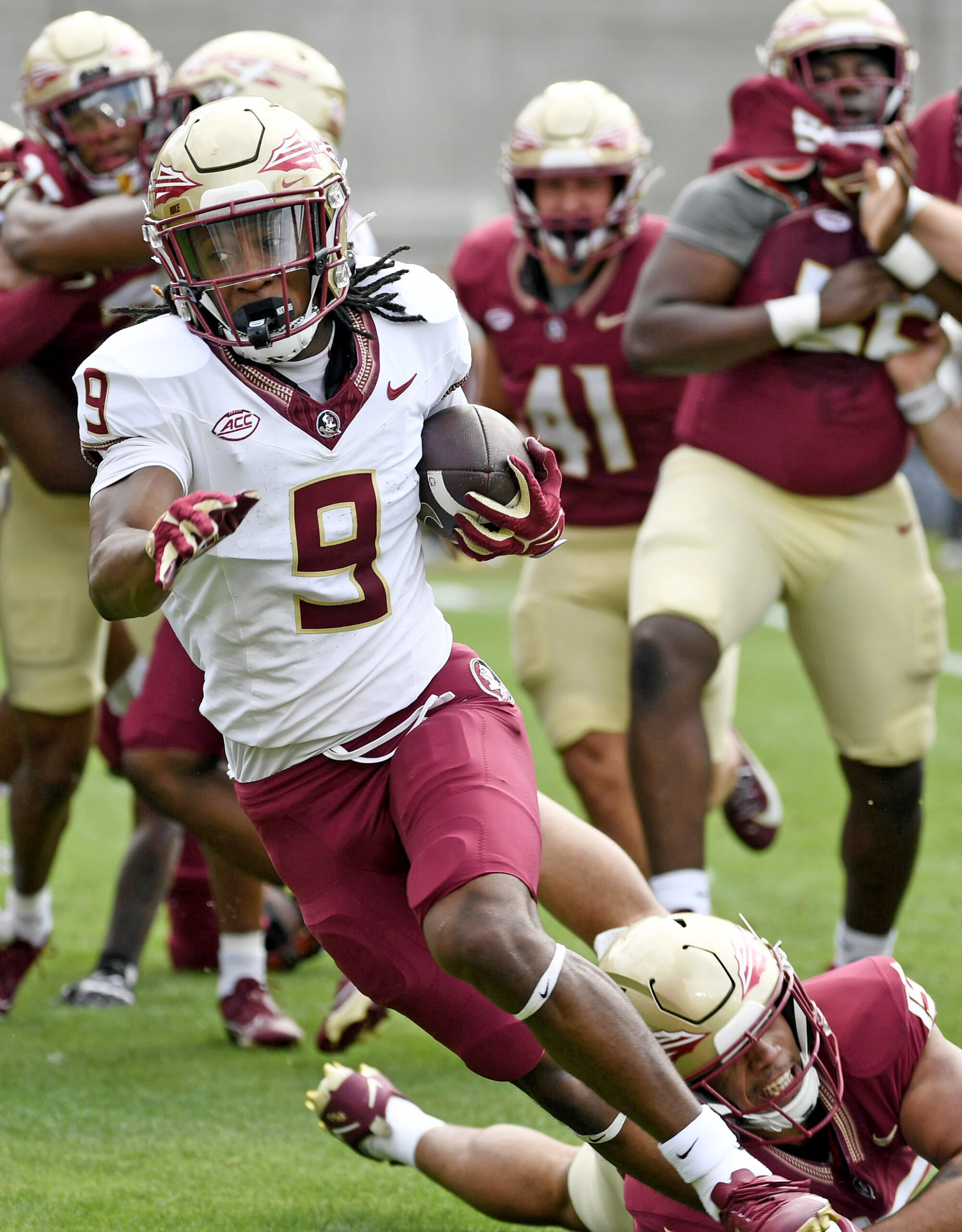 Apr 20, 2024; Tallahassee, Florida, USA; Florida State Seminoles running back Lawrance Toafili (9) runs the ball during the Spring Showcase at Doak S. Campbell Stadium.
