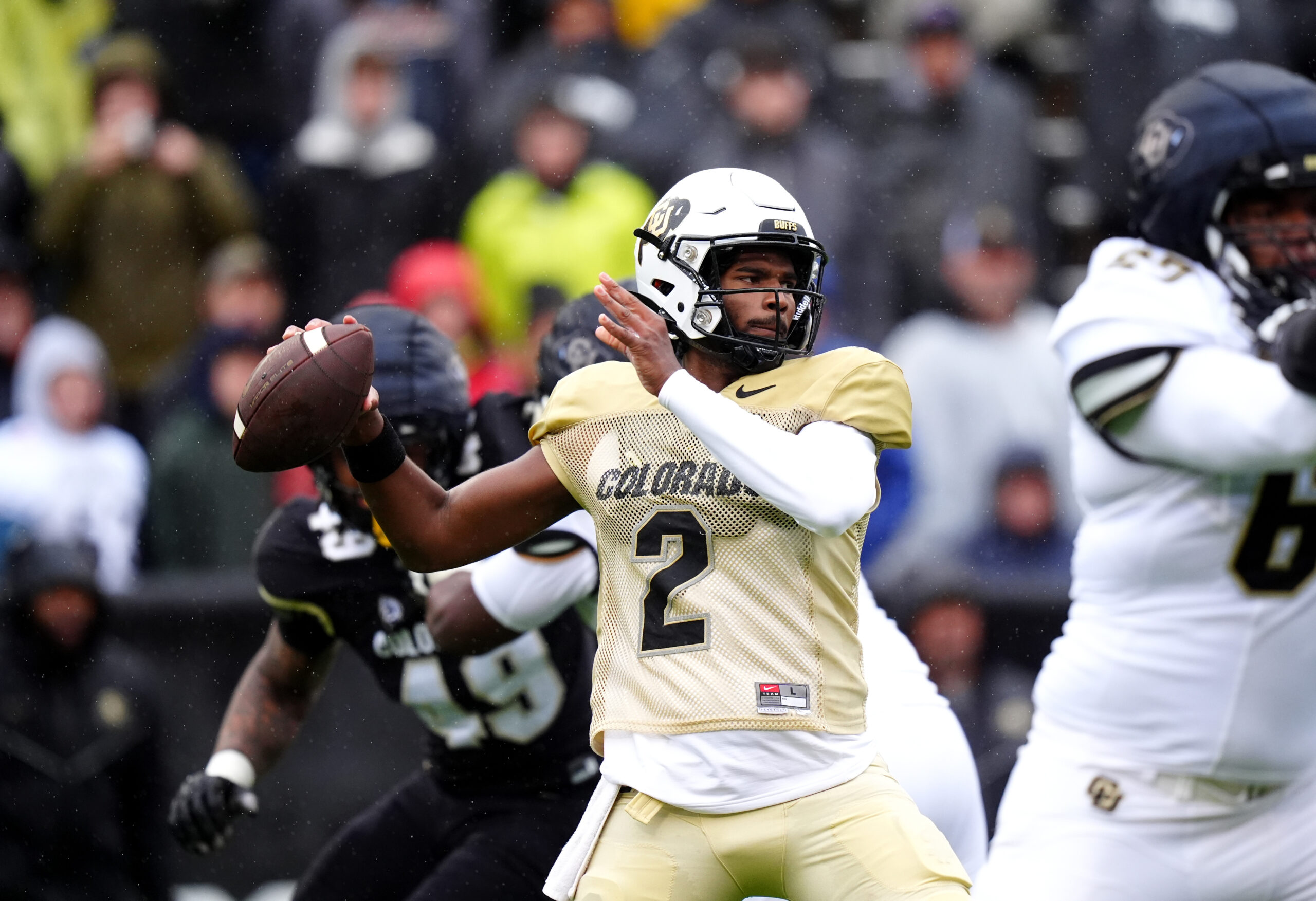 Apr 27, 2024; Boulder, CO, USA; Colorado Buffaloes quarterback Shedeur Sanders (2) prepares to pass during a spring game event at Folsom Field.
