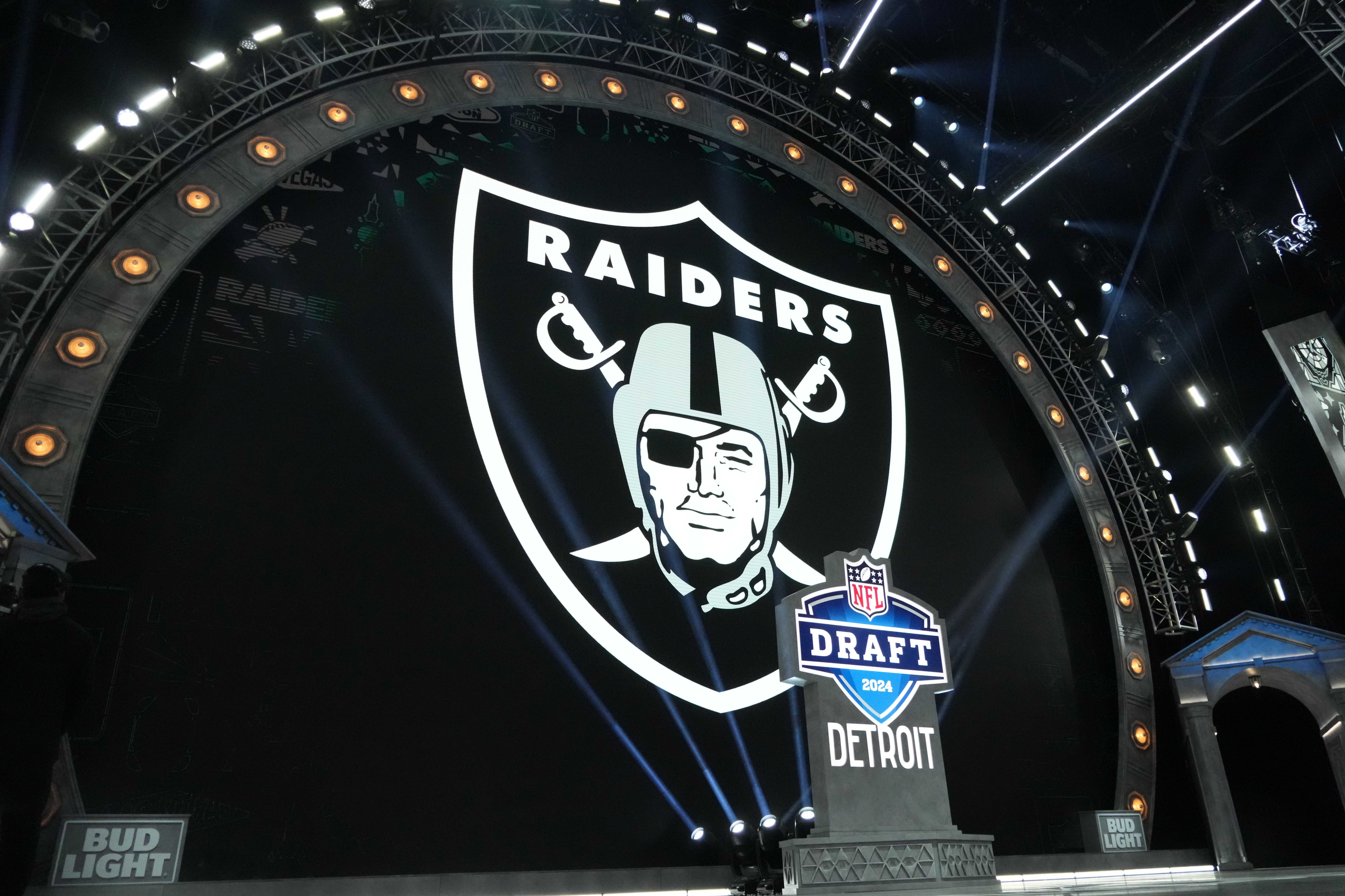 Apr 25, 2024; Detroit, MI, USA; A Las Vegas Raiders logo at the 2024 NFL Draft at Campus Martius Park and Hart Plaza.