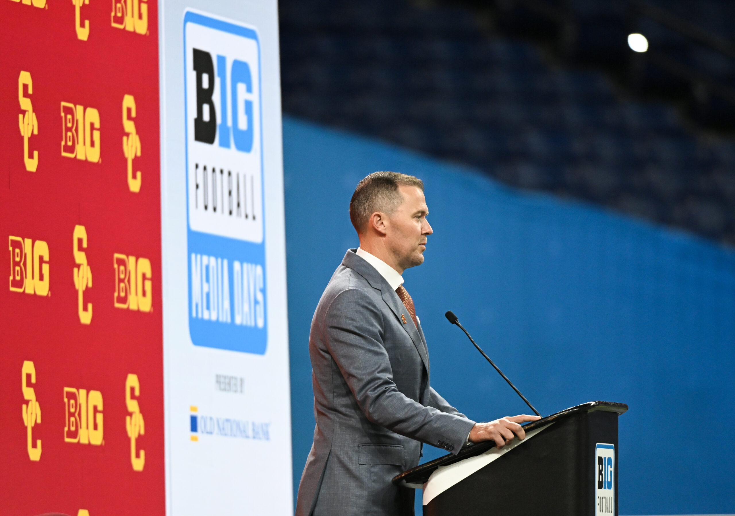 Jul 24, 2024; Indianapolis, IN, USA; USC Trojans head coach Lincoln Riley speaks to the media during the Big 10 football media day at Lucas Oil Stadium.