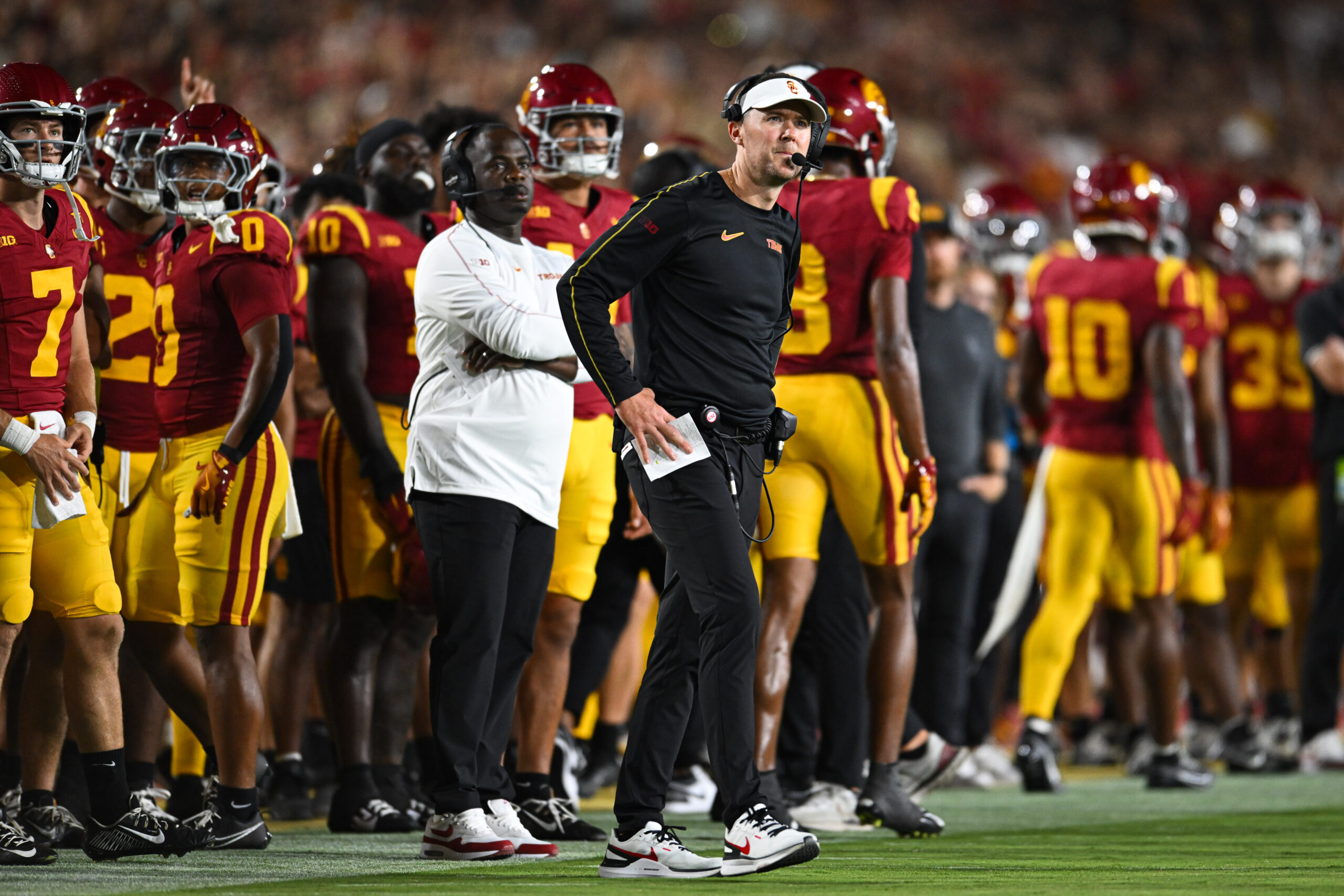 Sep 7, 2024; Los Angeles, California, USA; USC Trojans head coach Lincoln Riley reacts against the Utah State Aggies during the first quarter at United Airlines Field at Los Angeles Memorial Coliseum.