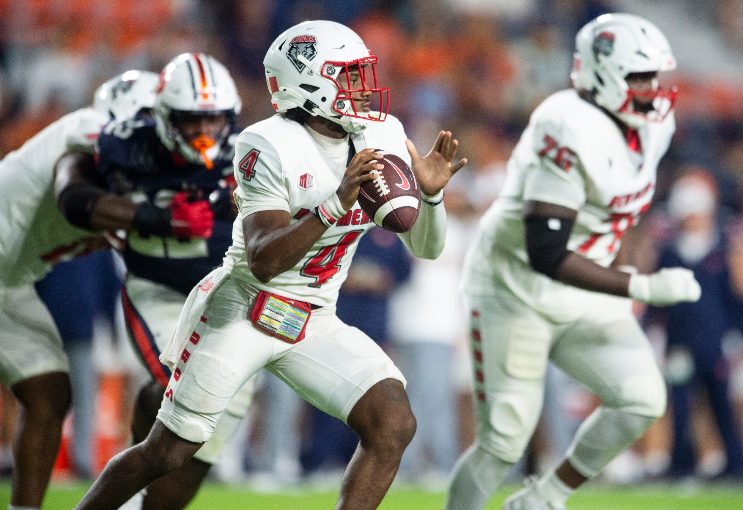 New Mexico Lobos quarterback Devon Dampier (4) looks to throw the ball as Auburn Tigers take on New Mexico Lobos at Jordan-Hare Stadium in Auburn, Ala., on Saturday, Sept. 14, 2024.
