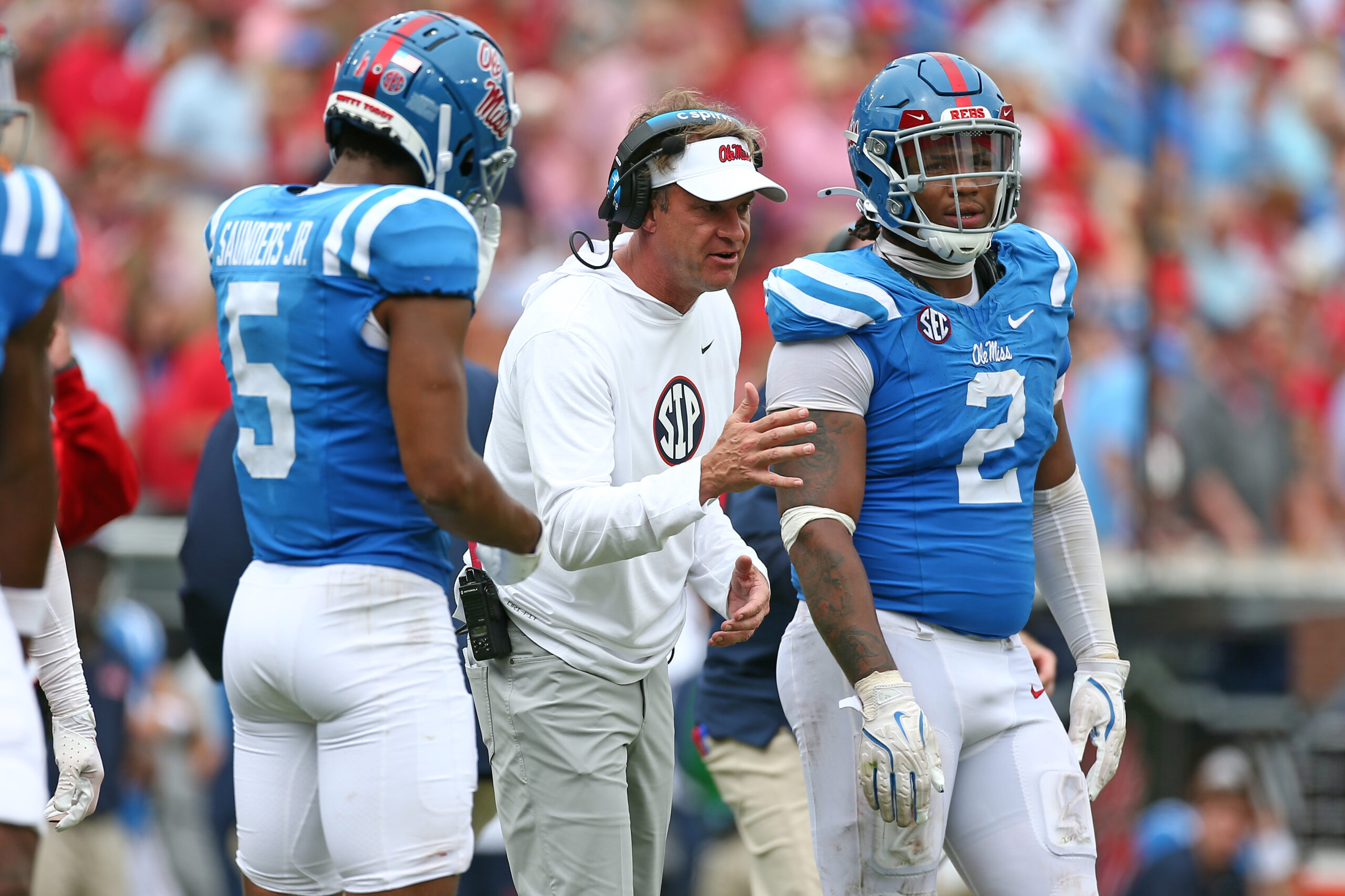 Mississippi Rebels head coach Lane Kiffin gives direction during the second half against the Kentucky Wildcats at Vaught-Hemingway Stadium.