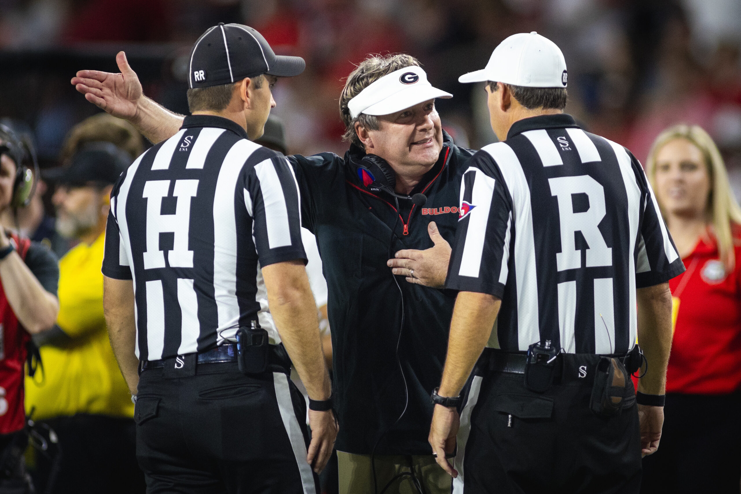 Sep 28, 2024; Tuscaloosa, Alabama, USA; Georgia Bulldogs head coach Kirby Smart talks with the referees during the fourth quarter against the Alabama Crimson Tide at Bryant-Denny Stadium.