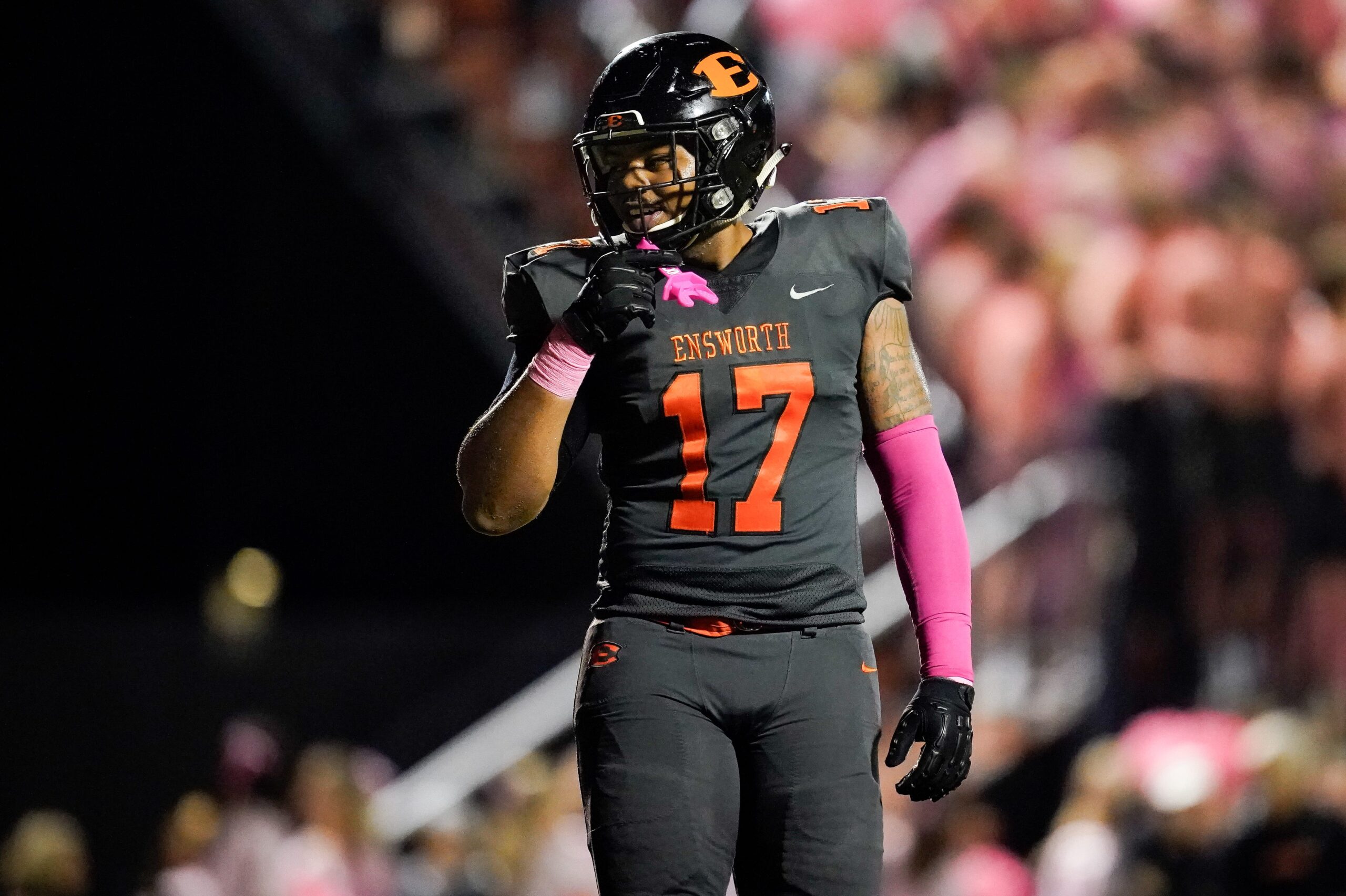 Ensworth's Ethan Utley (17) gets in position against Father Ryan during the second half at Ensworth High School in Nashville, Tenn., Friday, Oct. 11, 2024.