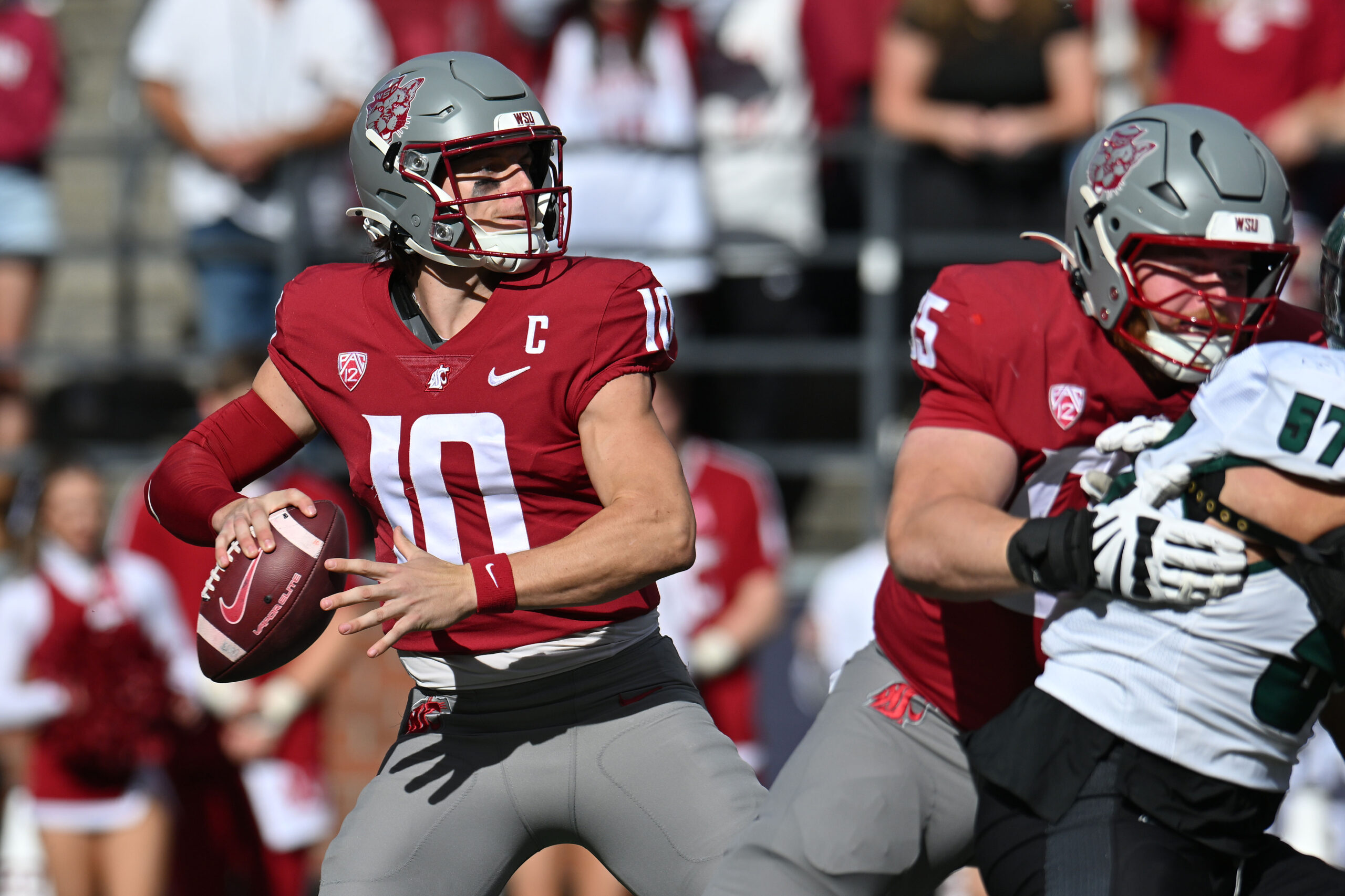 Oct 19, 2024; Pullman, Washington, USA; Washington State Cougars quarterback John Mateer (10) throws a pass against the Hawaii Warriors in the first half at Gesa Field at Martin Stadium.