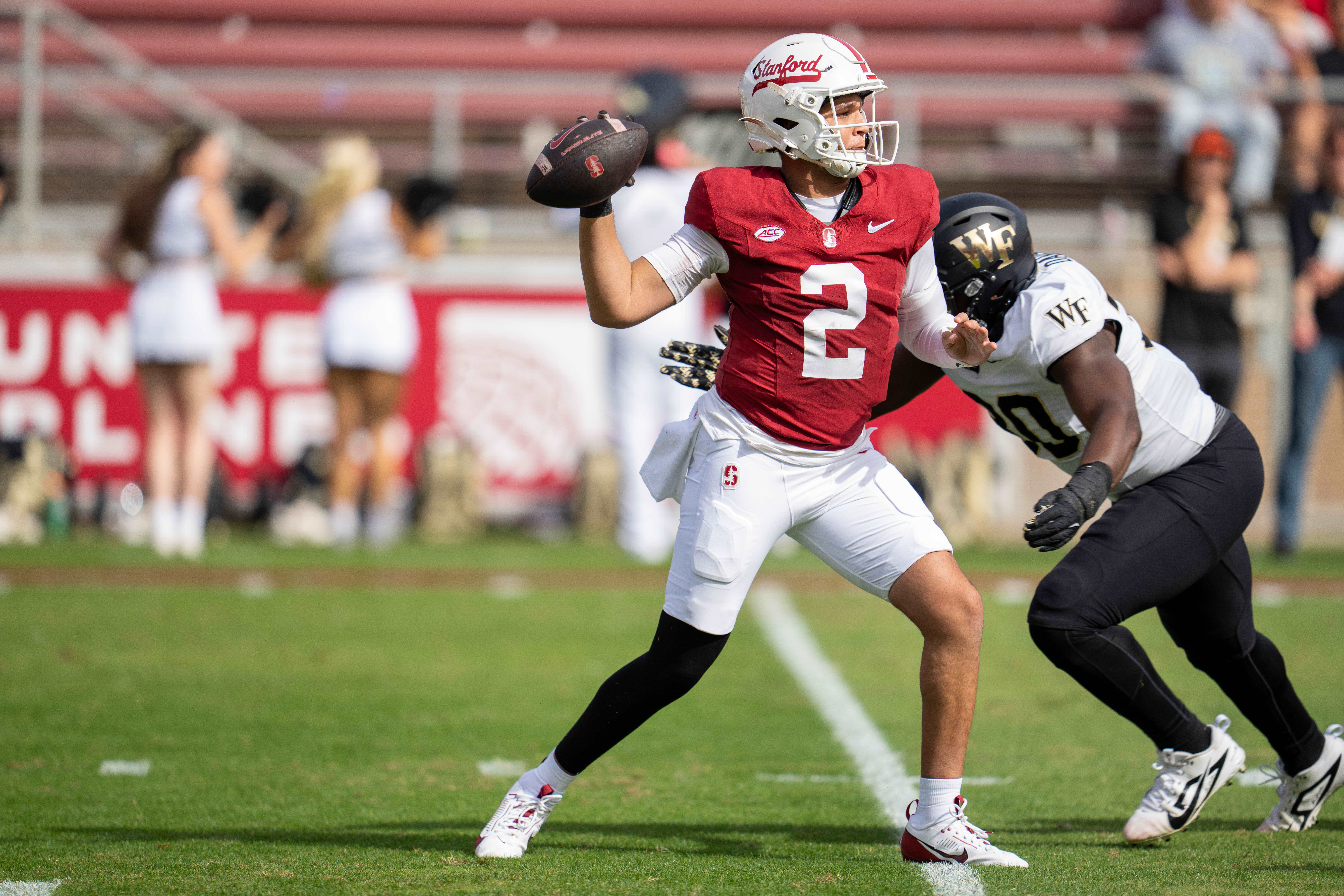 Oct 26, 2024; Stanford, California, USA; Stanford Cardinal quarterback Elijah Brown (2) passes the football against the Wake Forest Demon Deacons during the first quarter at Stanford Stadium. Mandatory Credit: Neville E. Guard-Imagn Images