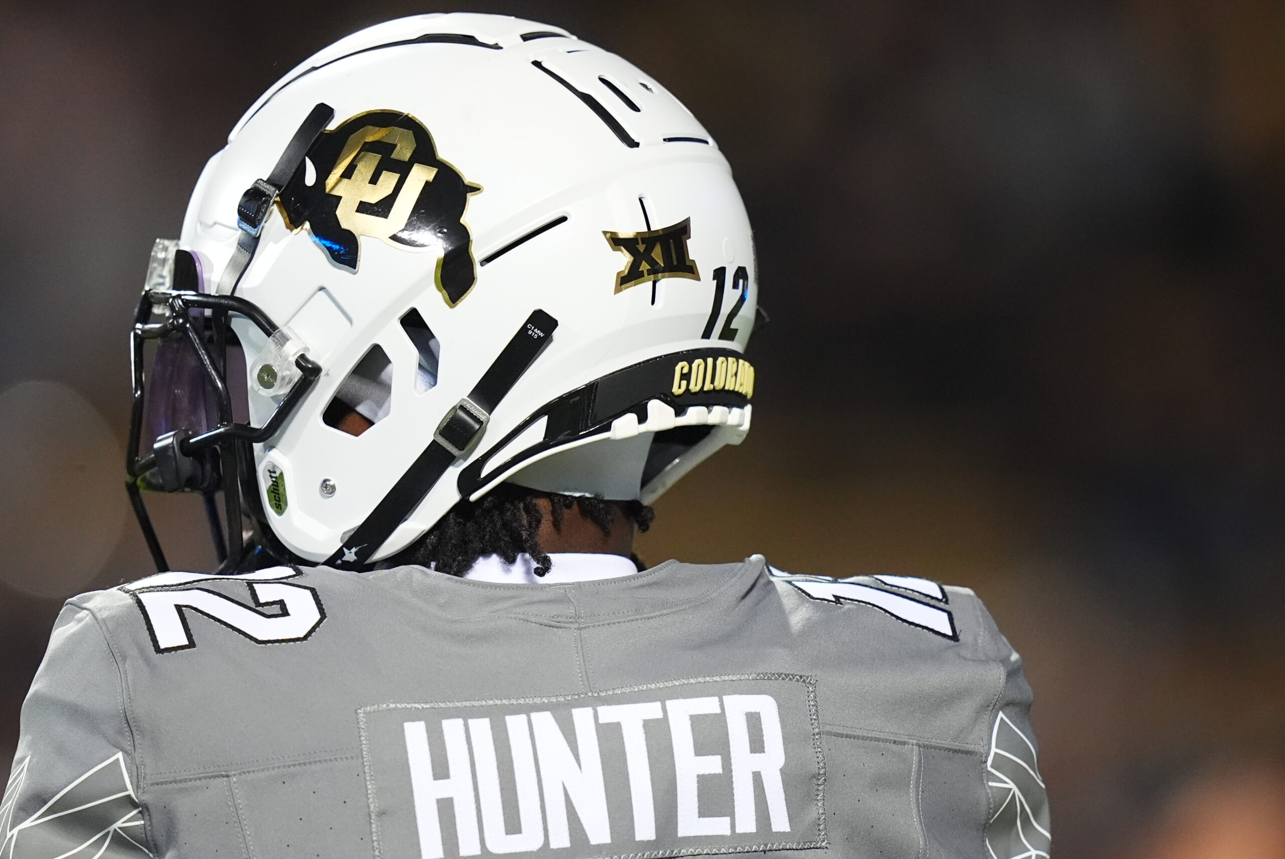 Oct 26, 2024; Boulder, Colorado, USA; Detailed view of the helmet of Colorado Buffaloes wide receiver Travis Hunter (12) during the first quarter against the Cincinnati Bearcats at Folsom Field.