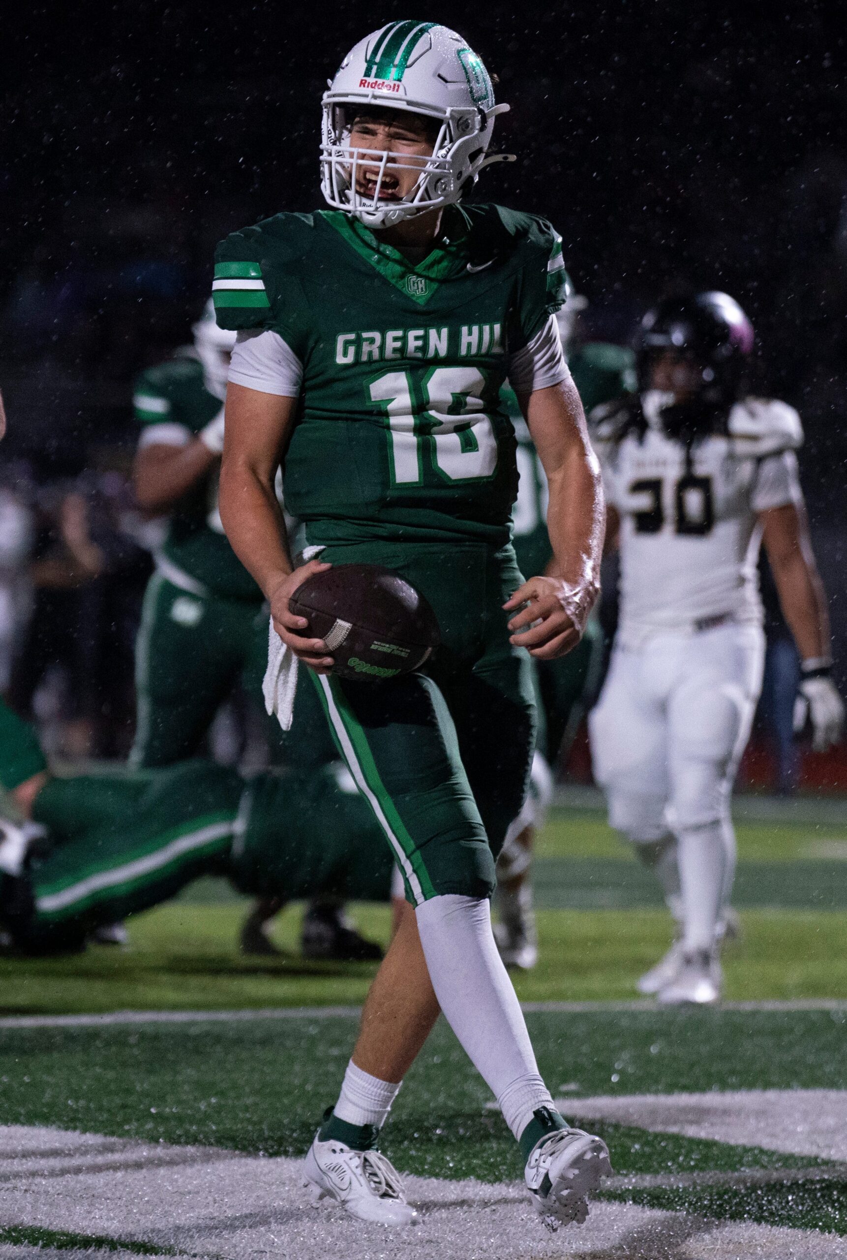 Green Hill's Kannon Burroughs (18) celebrates a touchdown against Mt. Juliet during their game at Green Hill High School in Mt. Juliet, Tenn., Thursday, Oct. 31, 2024.