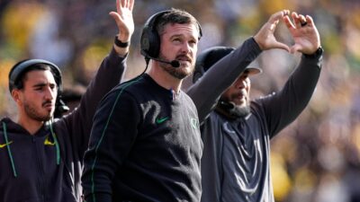 Oregon head coach Dan Lanning watches a play against Michigan during the first half at Michigan Stadium in Ann Arbor on Saturday
