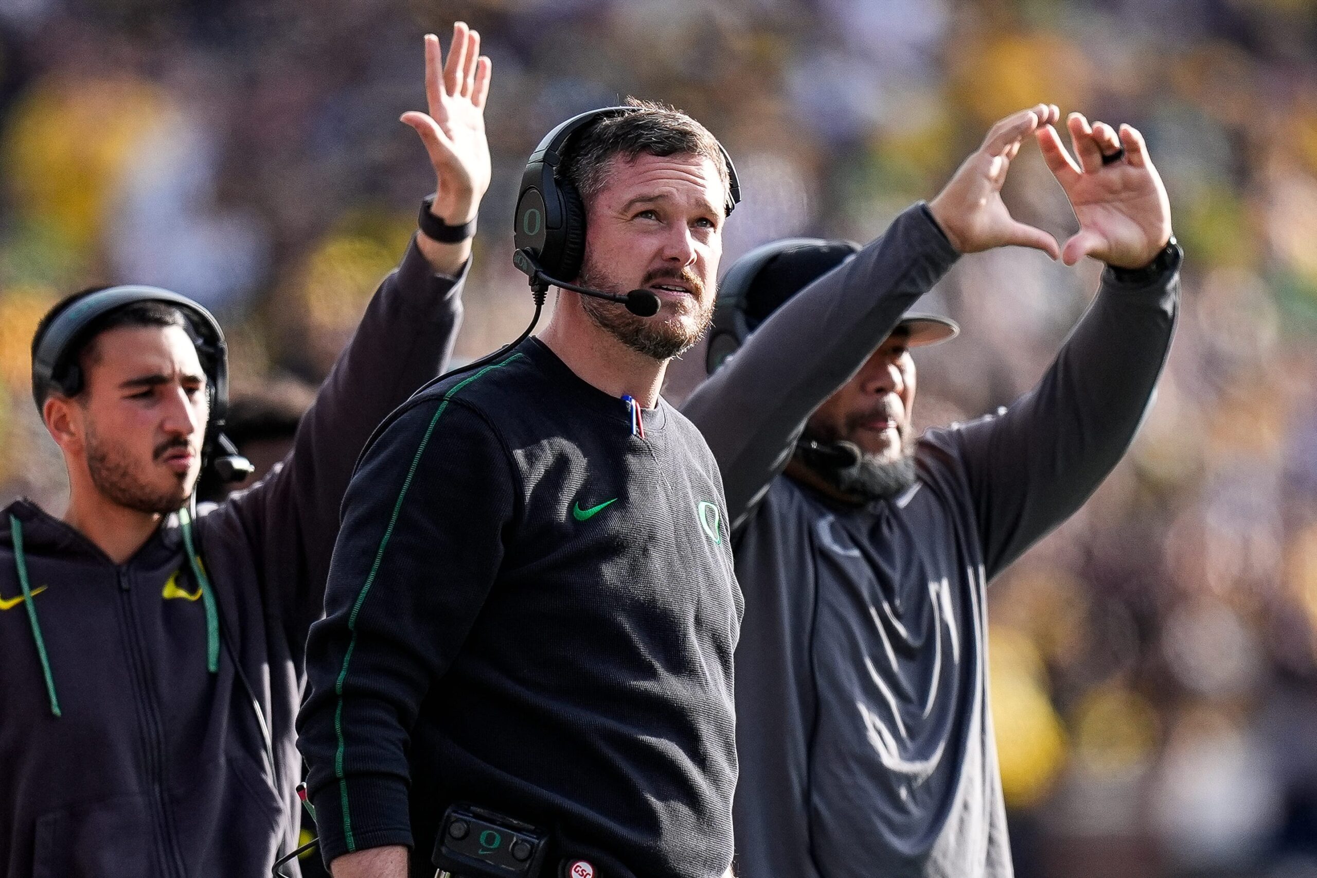 Oregon head coach Dan Lanning watches a play against Michigan during the first half at Michigan Stadium in Ann Arbor on Saturday, Nov. 2, 2024.