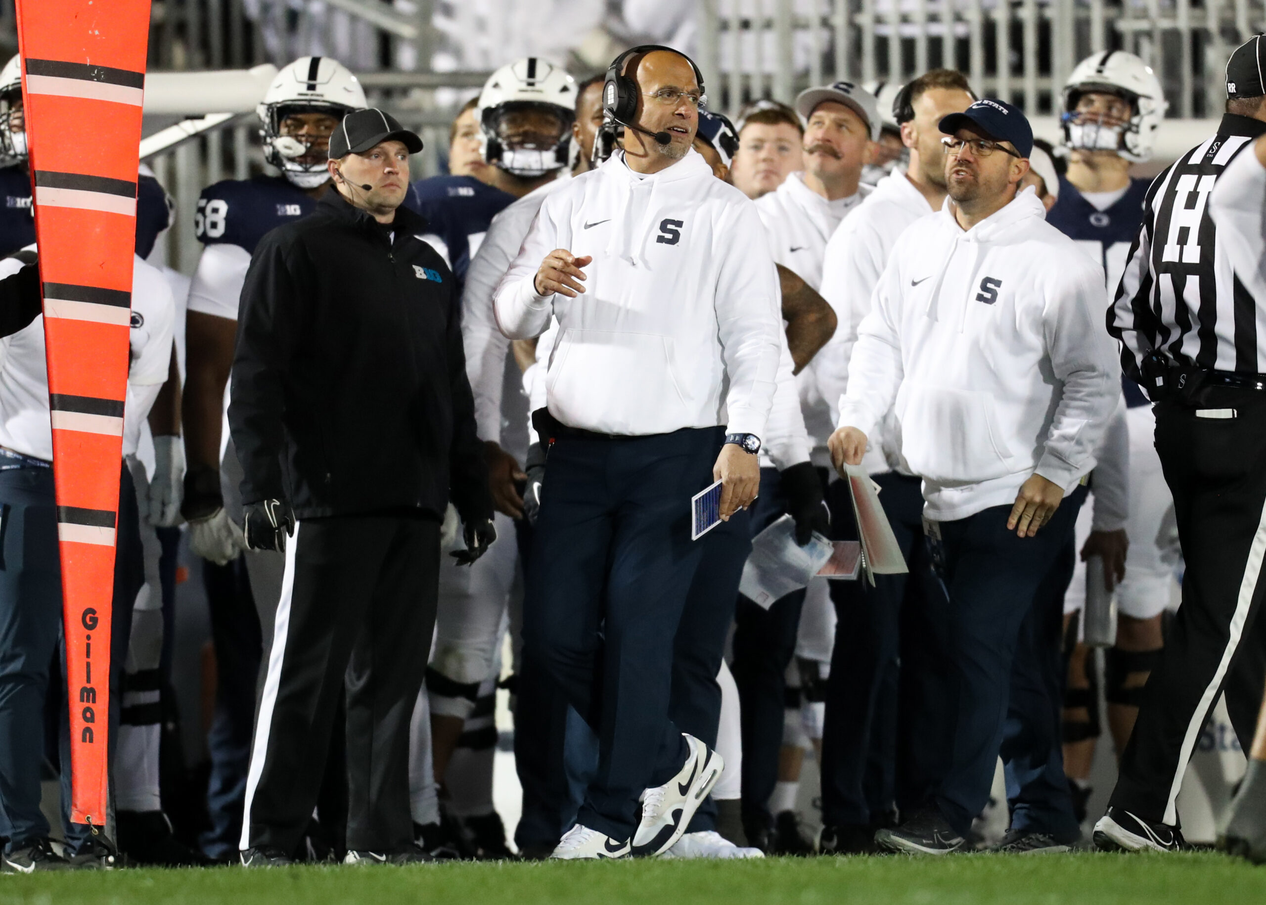 Nov 9, 2024; University Park, Pennsylvania, USA; Penn State Nittany Lions head coach James Franklin looks on from the sideline during the third quarter against the Washington Huskies at Beaver Stadium. Penn State won 35-6.