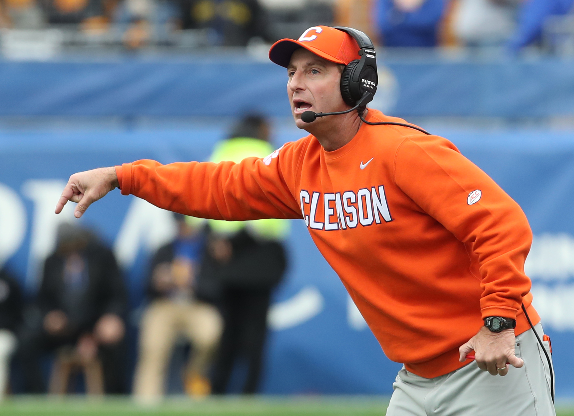 Nov 16, 2024; Pittsburgh, Pennsylvania, USA; Clemson Tigers head coach Dabo Swinney reacts against the Pittsburgh Panthers during the second quarter at Acrisure Stadium.