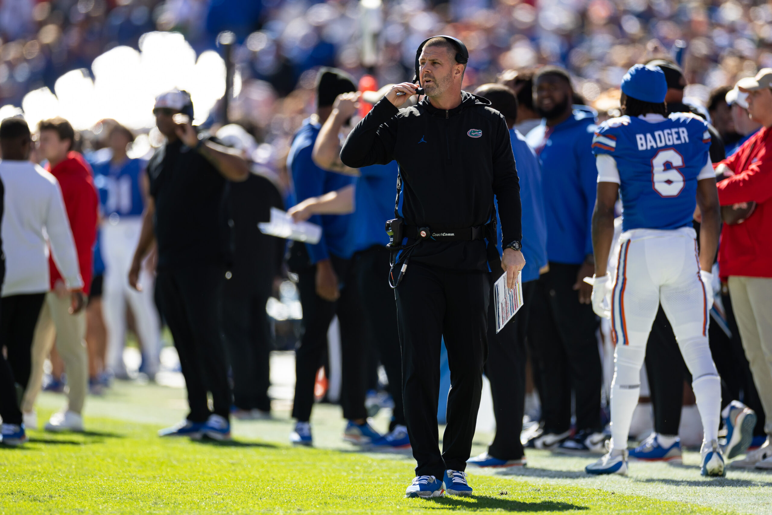 Nov 23, 2024; Gainesville, Florida, USA; Florida Gators head coach Billy Napier looks on against the Mississippi Rebels during the first half at Ben Hill Griffin Stadium.