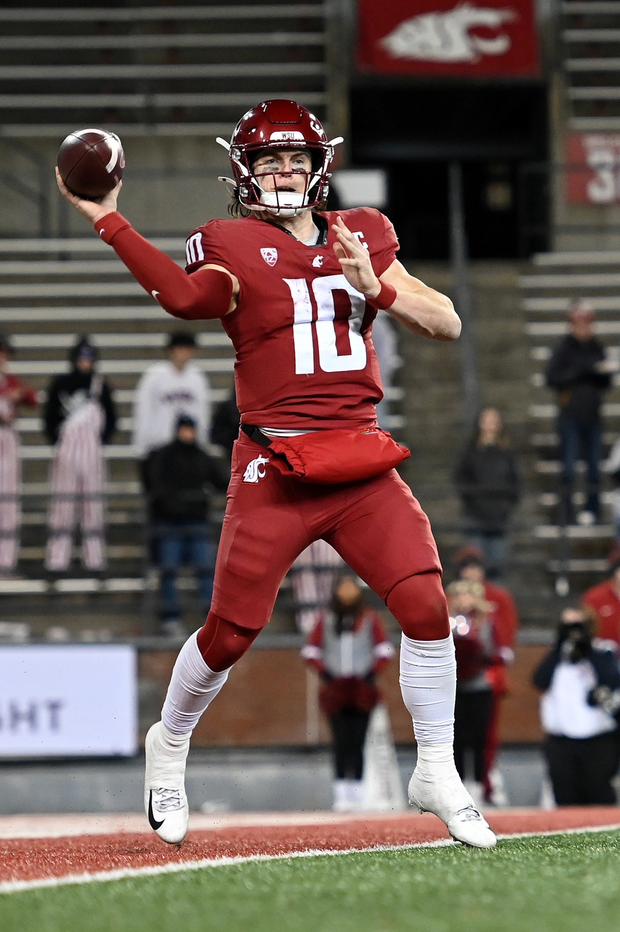 Nov 30, 2024; Pullman, Washington, USA; Washington State Cougars quarterback John Mateer (10) throws a pass against the Wyoming Cowboys in the second half at Gesa Field at Martin Stadium.