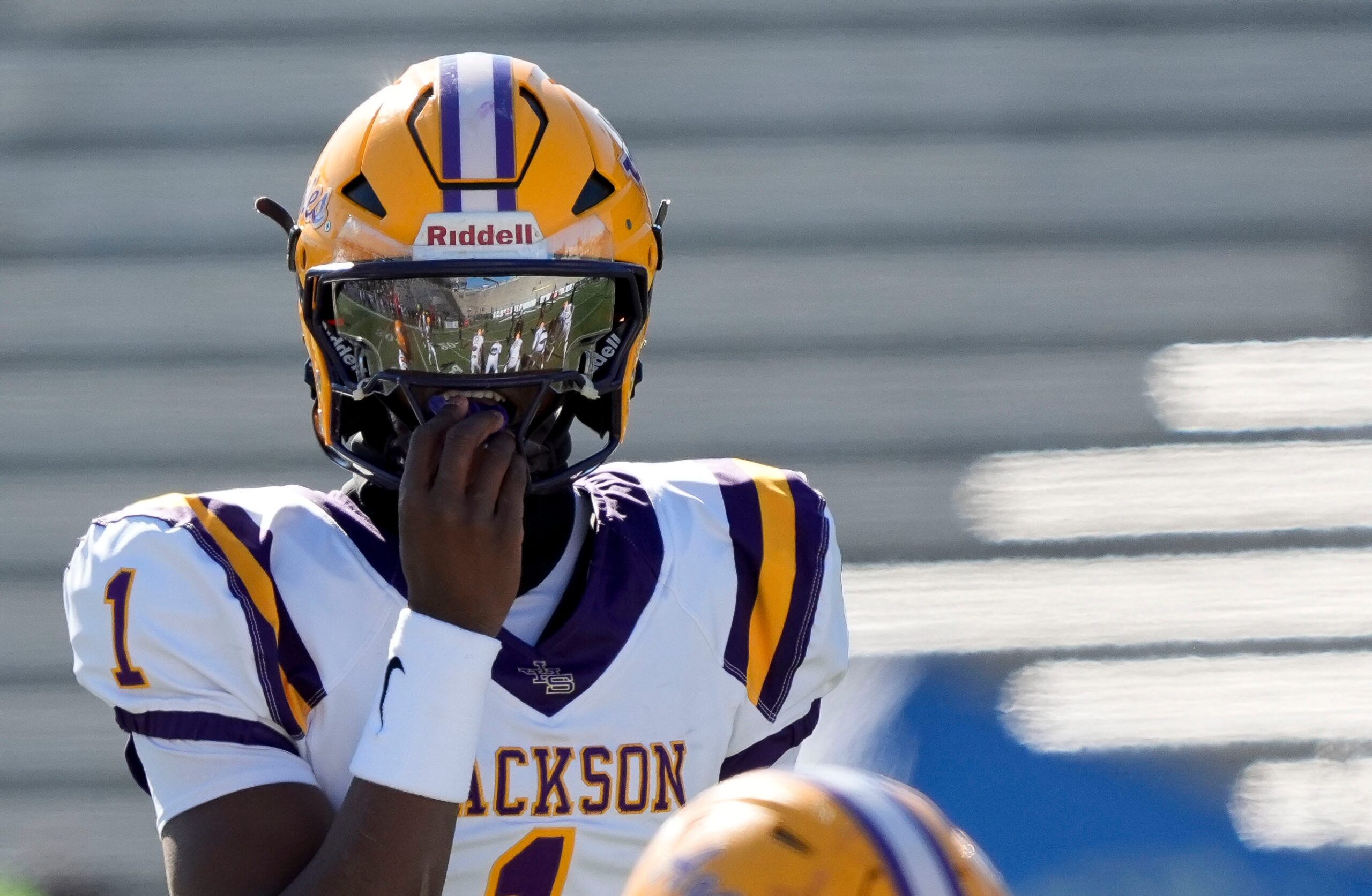 Dec 6, 2024; Birmingham, AL, USA; Jackson's Landon Duckworth (1) comes to the line of scrimmage to run a play against Cherokee County at Protective Stadium in the AHSAA 4A State Championship game. © Gary Cosby Jr. / USA TODAY NETWORK via Imagn Images