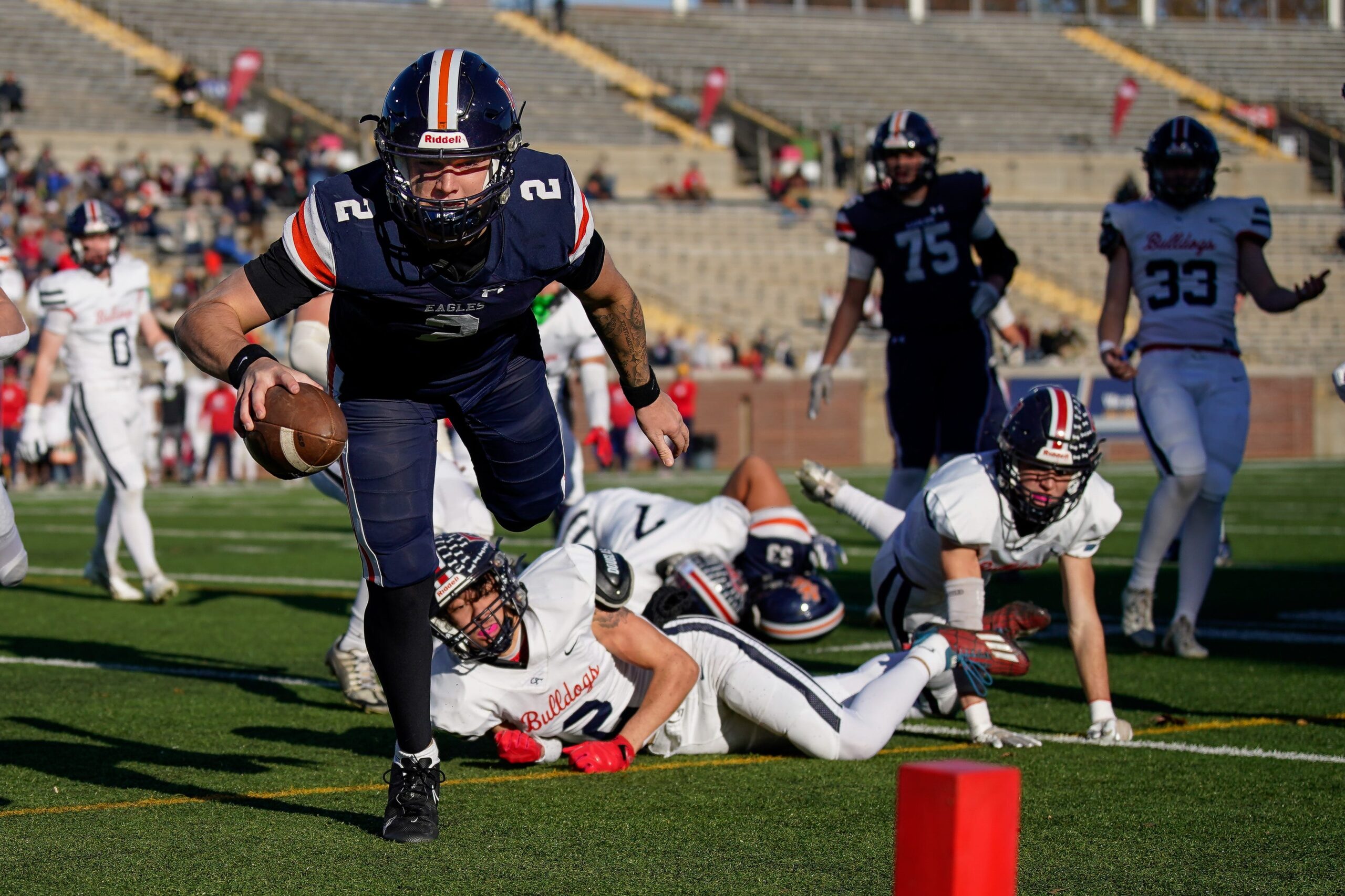 Nashville Christian's Jared Curtis (2) runs in a touchdown against Columbia Academy during the first quarter of the Division II-A championship game at Finley Stadium in Chattanooga, Tenn., Thursday, Dec. 5, 2024. © Andrew Nelles / The Tennessean / USA TODAY NETWORK via Imagn Images
