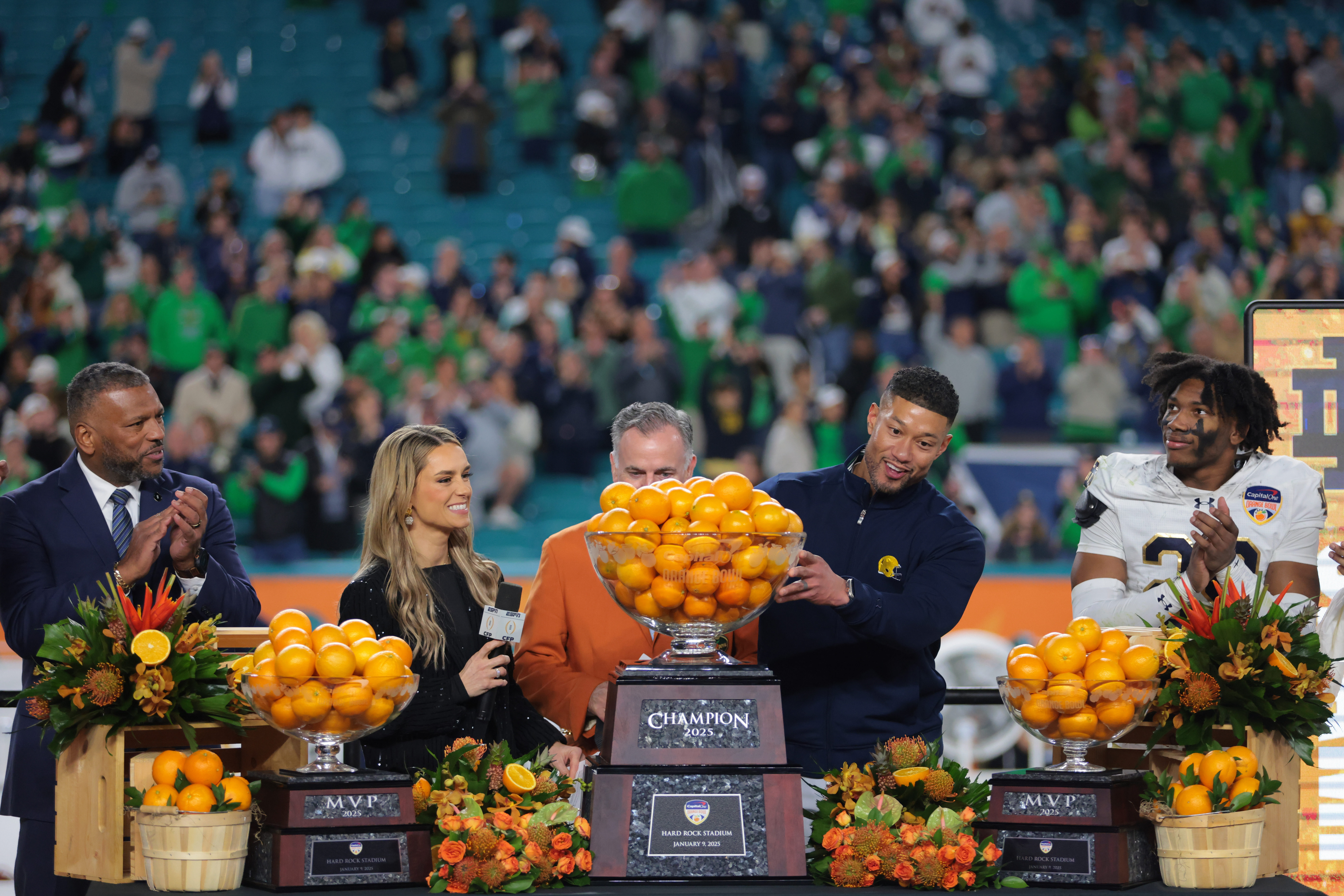 Jan 9, 2025; Miami, FL, USA; Notre Dame Fighting Irish head coach Marcus Freeman celebrates defeating the Penn State Nittany Lions in the Orange Bowl at Hard Rock Stadium. 
