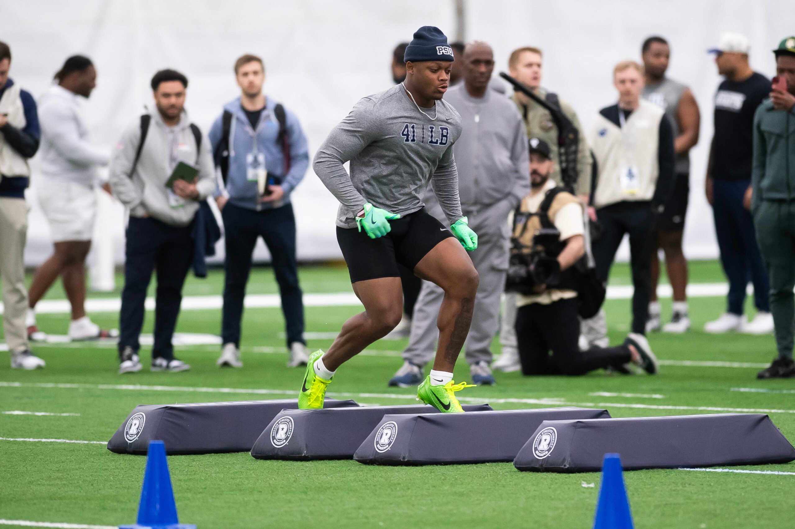 Kobe King runs through a drill during Penn State's Pro Day in Holuba Hall on March 28, 2025, in State College.