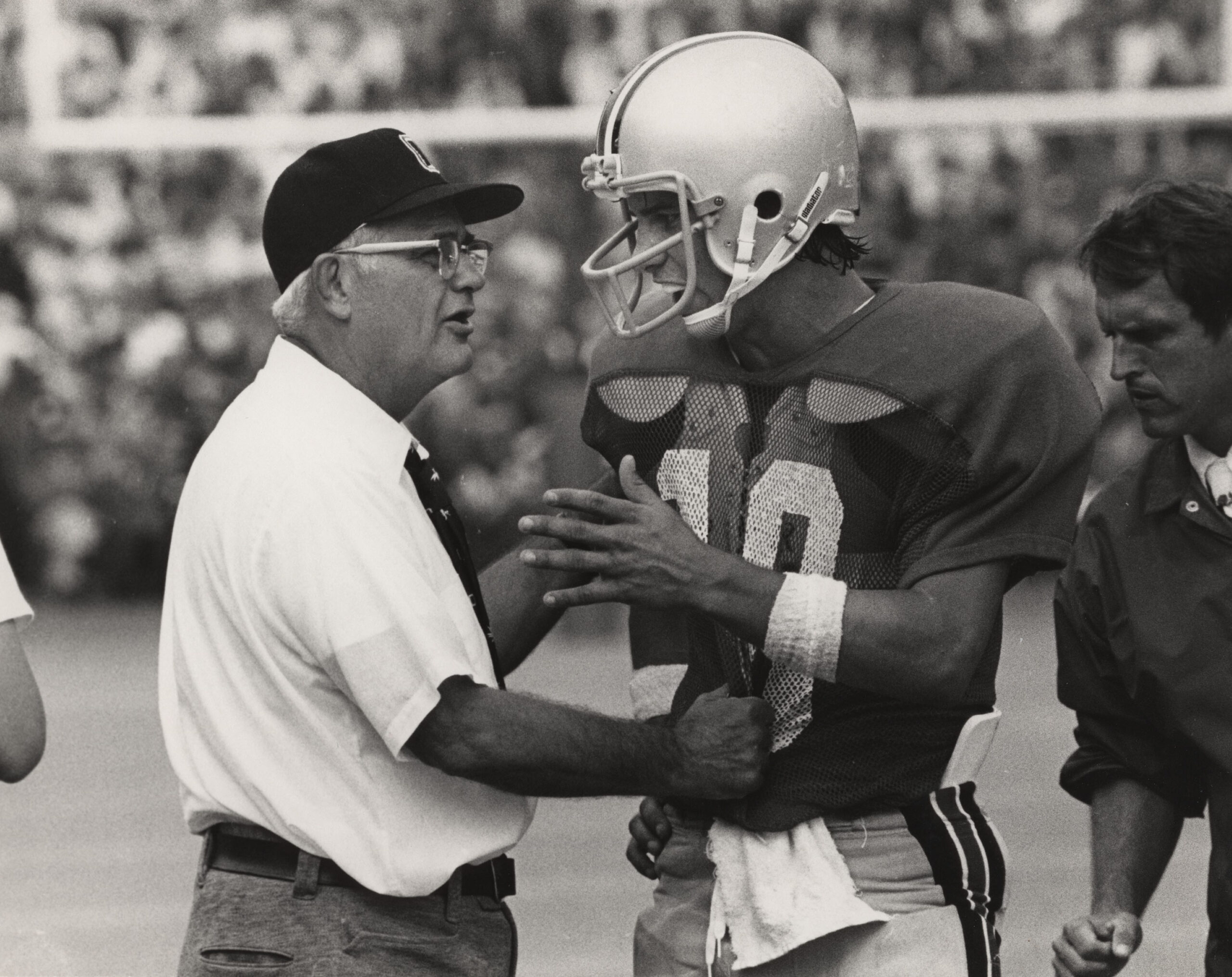 Columbus, OH, USA; FILE PHOTO; Ohio State Buckeyes quarterback (10) Art Schlichter and head coach Woody Hayes on the sidelines at Ohio Stadium. Mandatory Credit: Photo By Malcolm Emmons-USA TODAY Sports