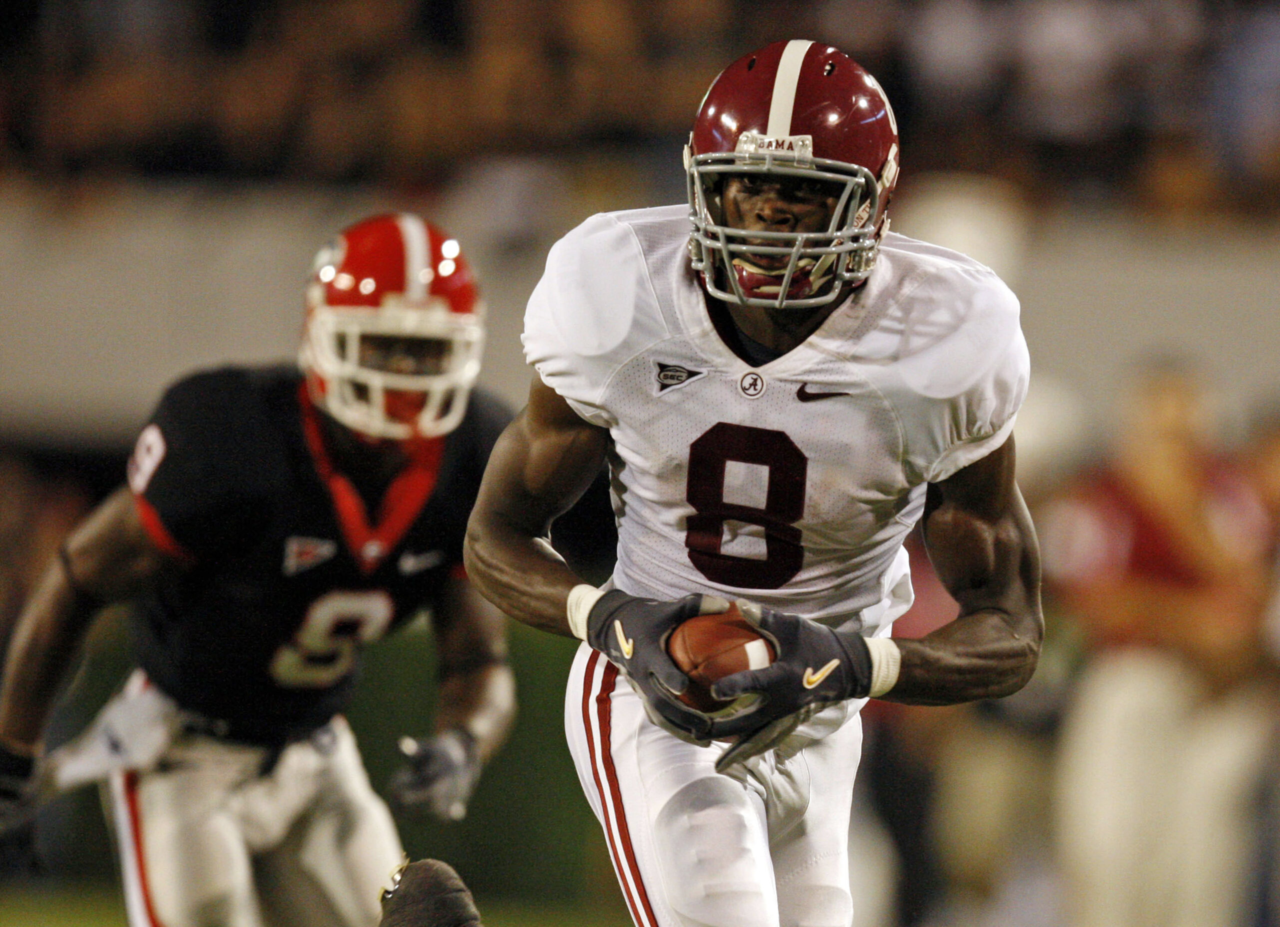 September 27, 2008; Athens, GA, USA; Alabama Crimson Tide wide receiver Julio Jones (8) runs with the ball after a catch against the Georgia Bulldogs in the first half at Sanford Stadium.