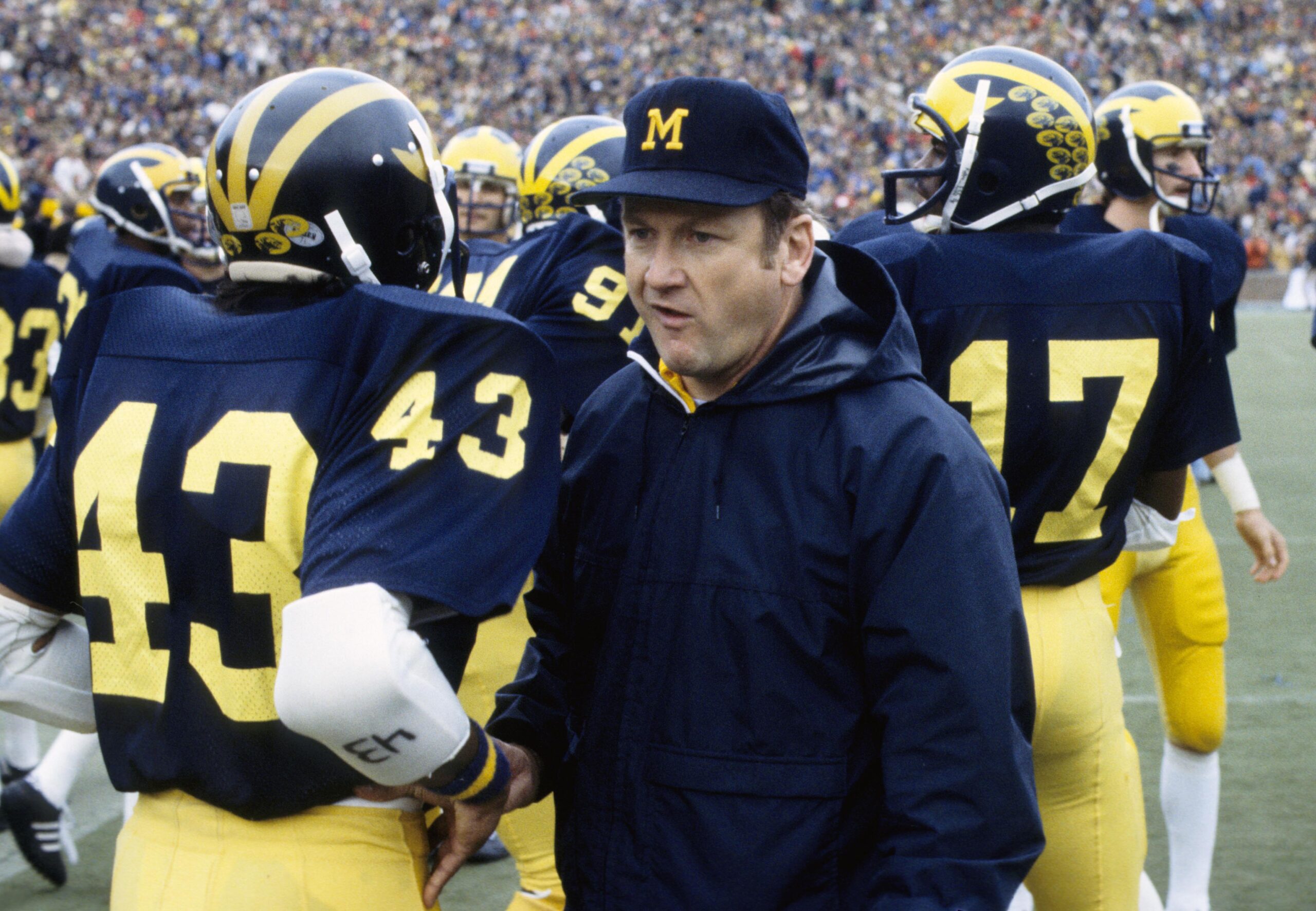 Nov 19, 1977; Ann Arbor, MI, USA FILE PHOTO; Michigan Wolverines head coach Bo Schembechler on the sideline against the Ohio State Buckeyes at Michigan Stadium.