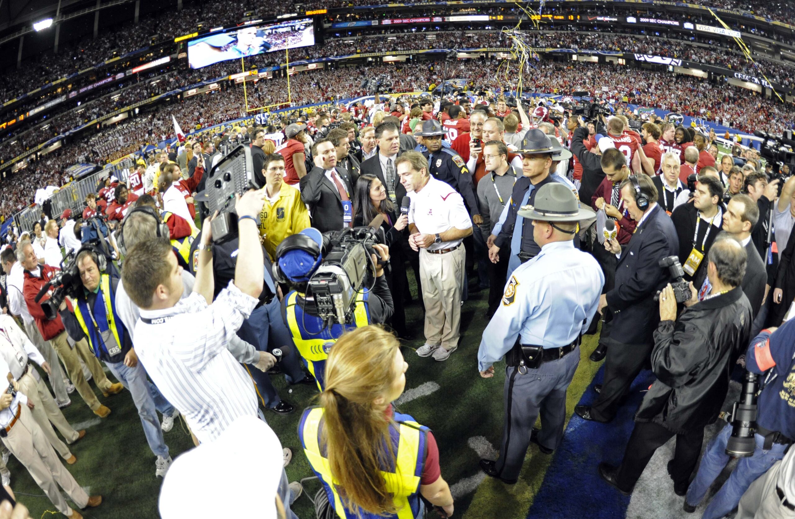 Dec 5, 2009; Atlanta, GA, USA; Alabama Crimson Tide head coach Nick Saban is interviewed after defeating the Florida Gators 32-13 in the 2009 SEC championship game at the Georgia Dome.