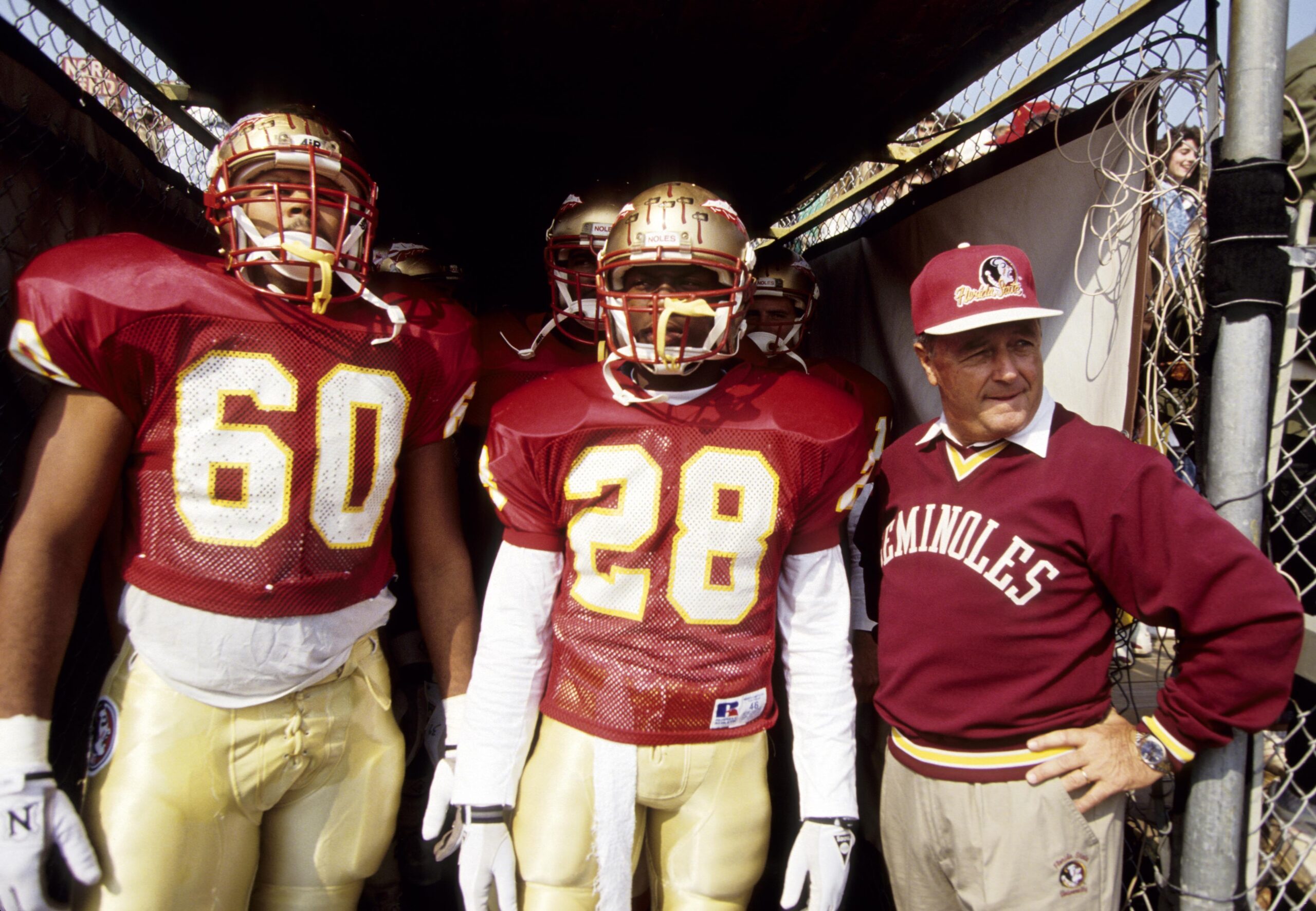 Nov 9 1991; Tallahassee, FL, USA; FILE PHOTO; Florida State Seminoles head coach Bobby Bowden with his team in the tunnel prior to the game against the South Carolina Gamecocks at Doak Campbell Stadium.