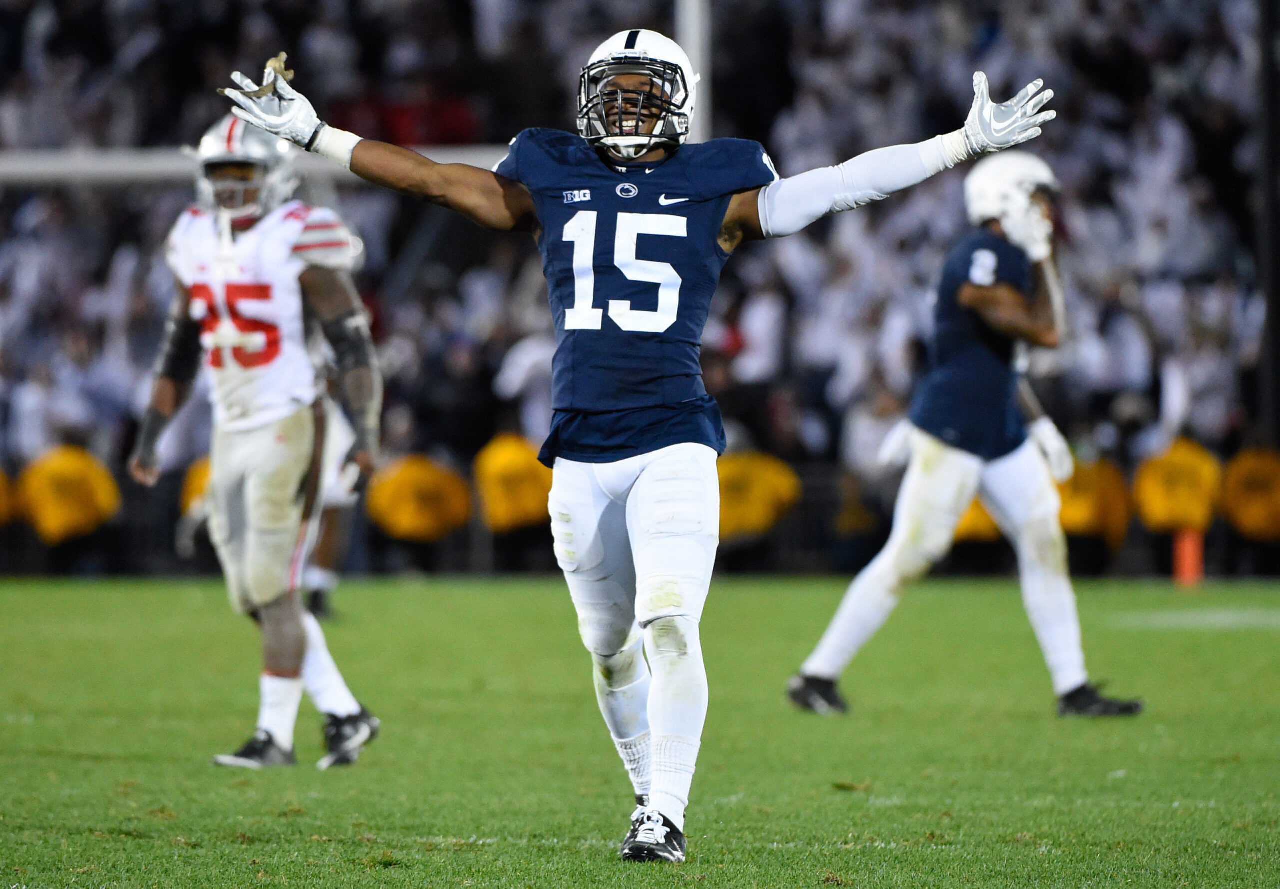 Oct 22, 2016; University Park, PA, USA; Penn State Nittany Lions cornerback Grant Haley (15) reacts against the Ohio State Buckeyes during the fourth quarter at Beaver Stadium. Penn State defeated Ohio State 24-21.