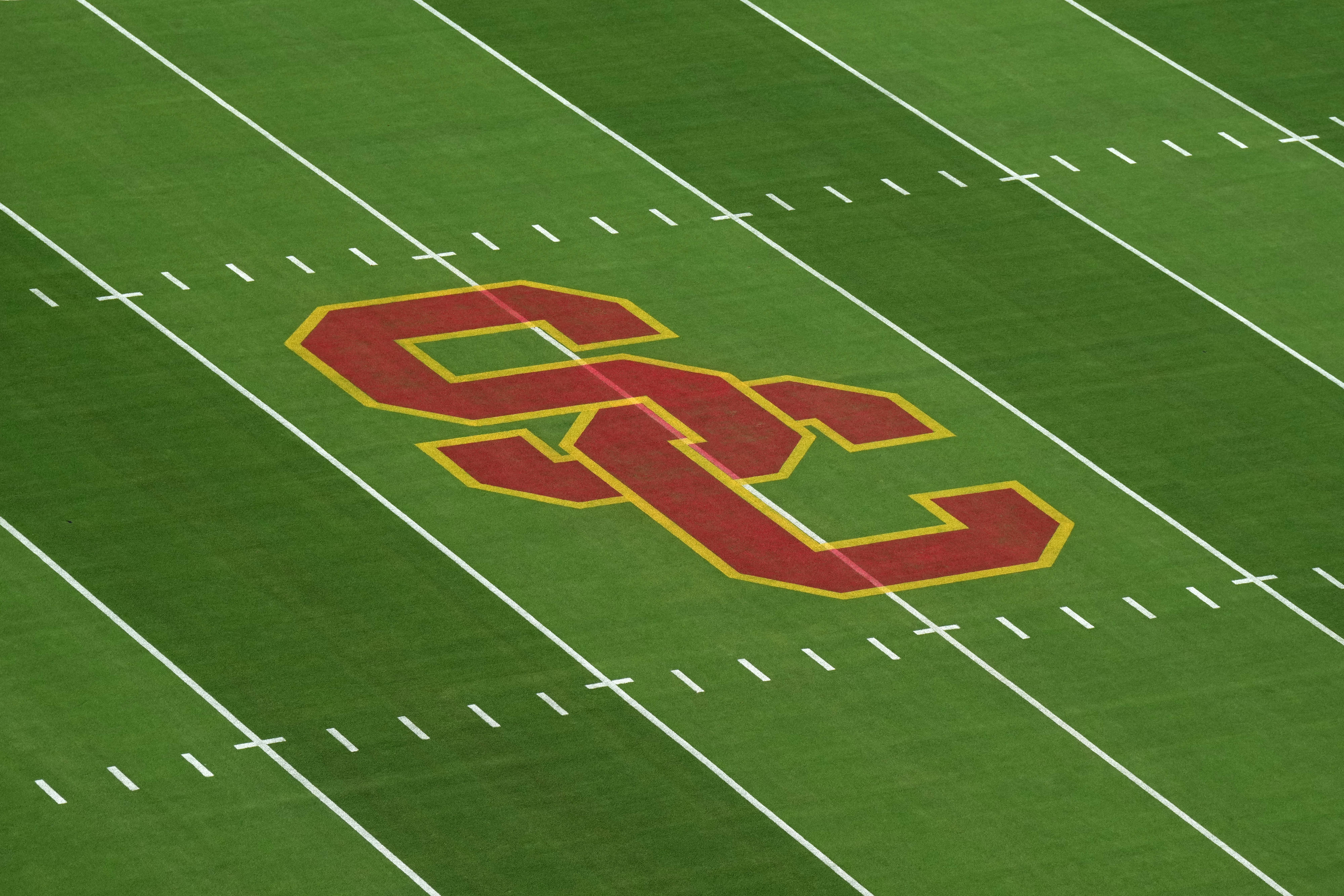 Sep 17, 2022; Los Angeles, California, USA; The SC Trojans logo at midfield at United Airlines Field at Los Angeles Memorial Coliseum before a game between the Fresno State Bulldogs and the Southern California Trojans.