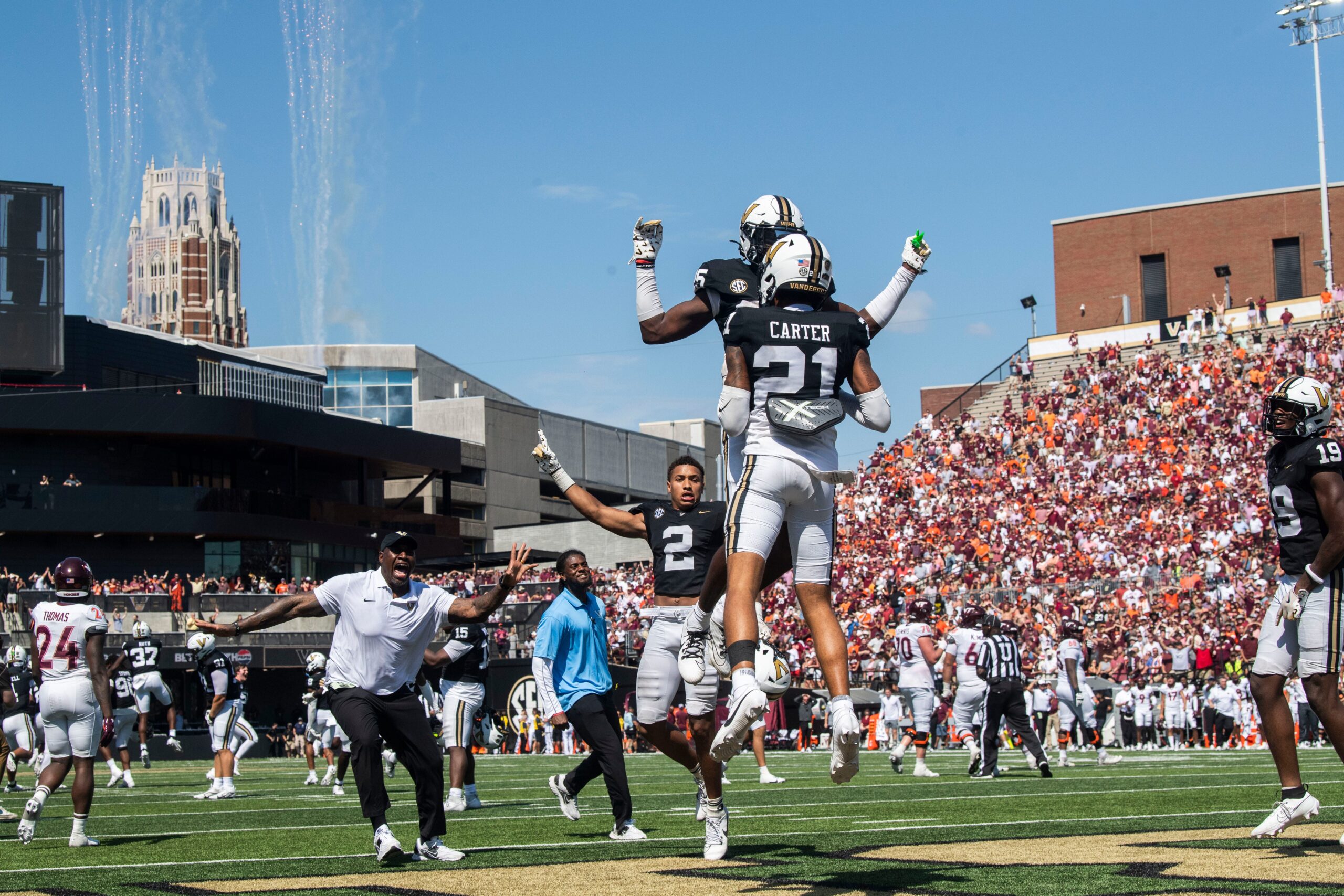 Vanderbilt players celebrate following their win after Saturday’s game between Vanderbilt and Virginia Tech at FirstBank Stadium in Nashville , Tenn., Saturday, Aug. 31, 2024.  