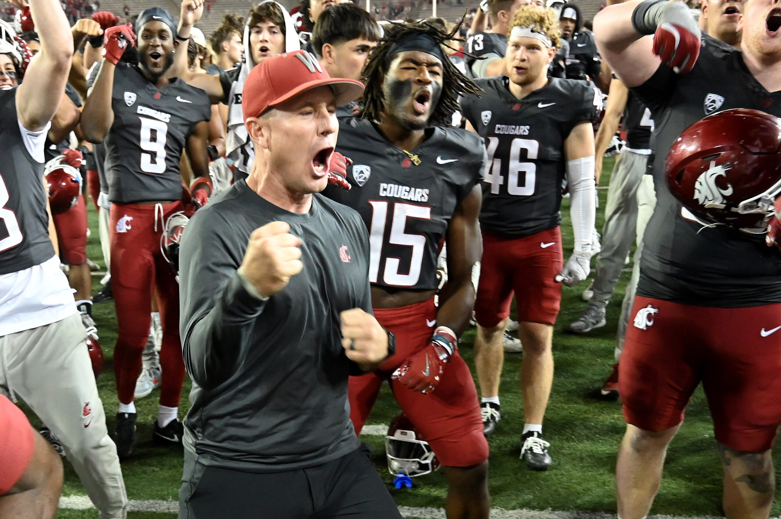 Sep 7, 2024; Pullman, Washington, USA; Washington State Cougars head coach Jake Dickert celebrates after a game against the Texas Tech Red Raiders at Gesa Field at Martin Stadium. Washington State Cougars won 37-16.