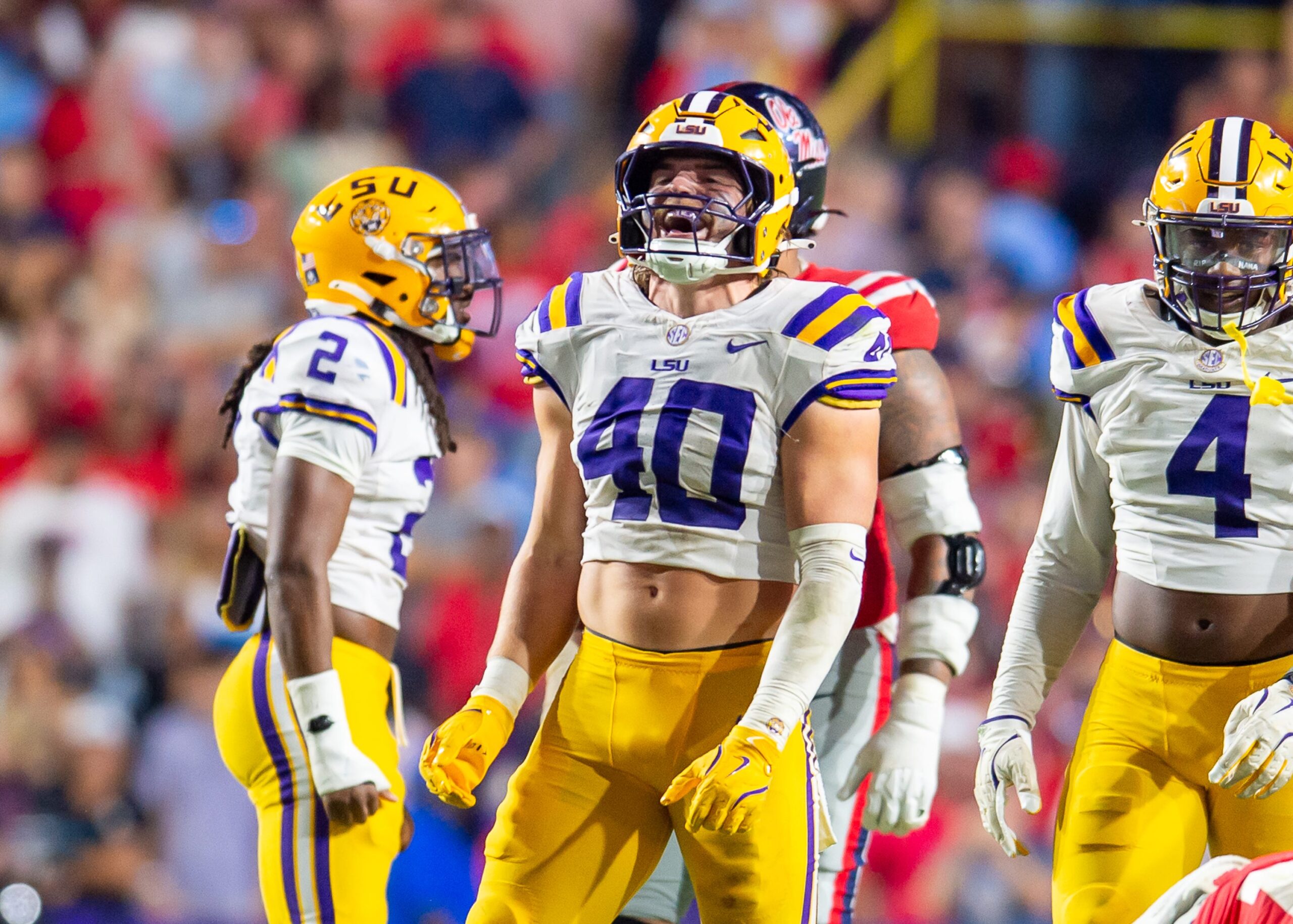 Linebacker Whit Weeks 40 sacks quarterback Jaxson Dart 2 as the LSU Tigers take on the Ole Miss Rebels at Tiger Stadium in Baton Rouge, LA. Saturday, Oct. 12, 2024.