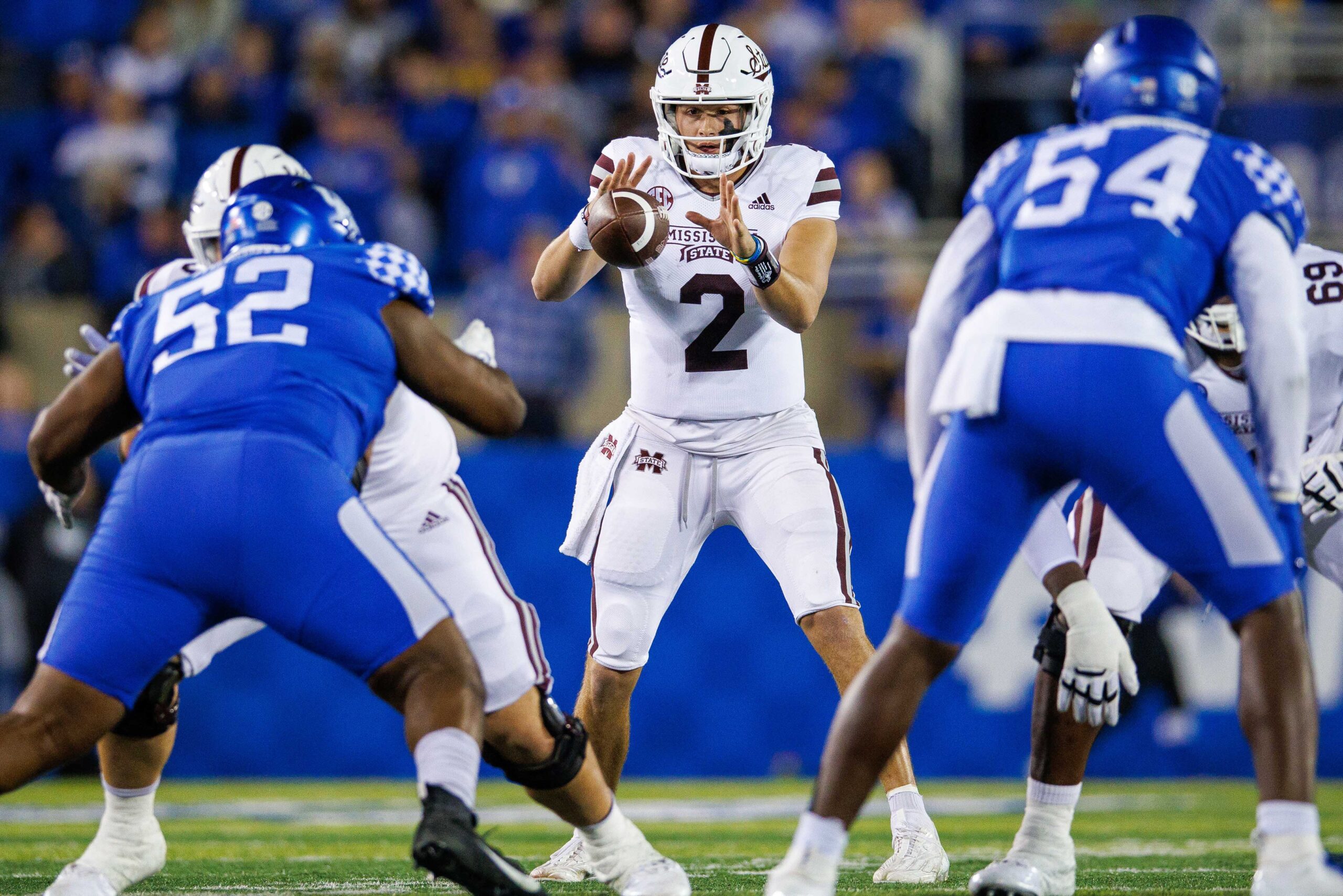 Oct 15, 2022; Lexington, Kentucky, USA; Mississippi State Bulldogs quarterback Will Rogers (2) catches a snap during the first quarter against the Kentucky Wildcats at Kroger Field.