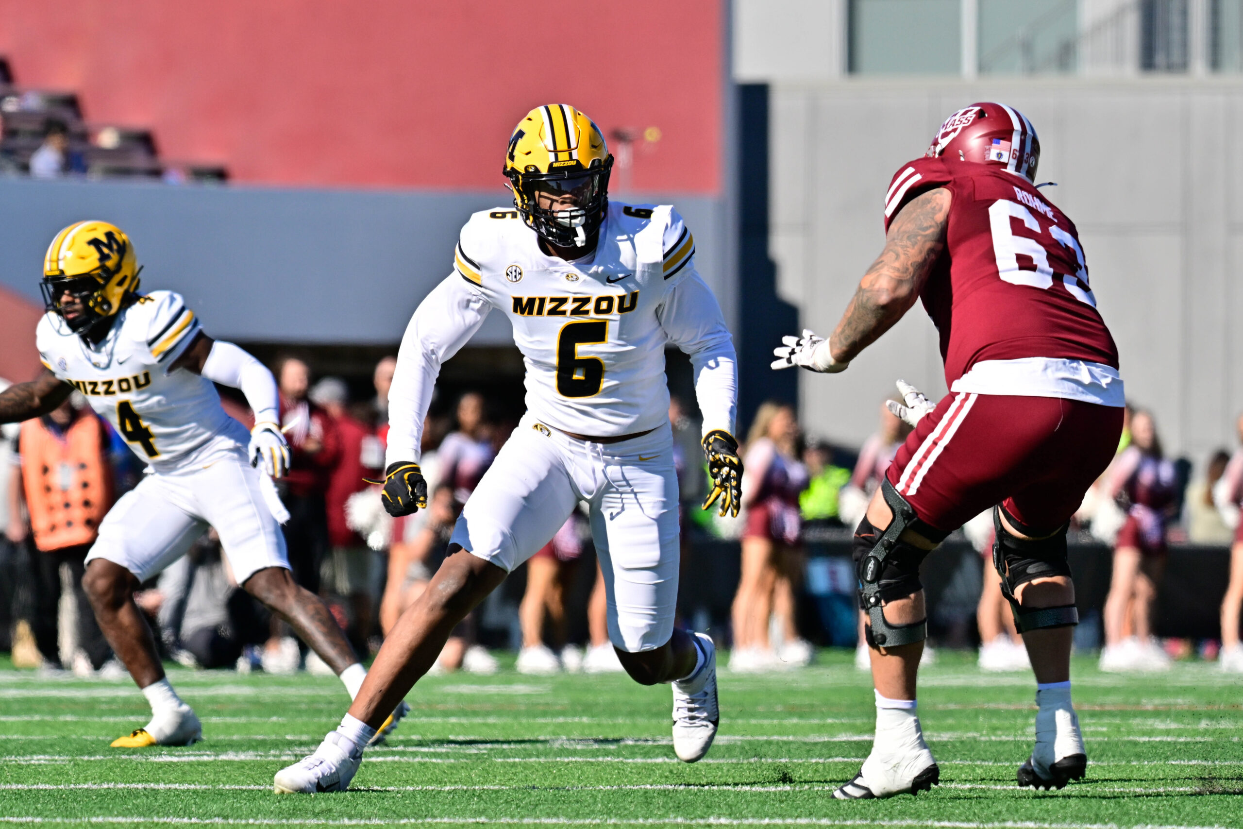 Oct 12, 2024; Amherst, Massachusetts, USA; Missouri Tigers defensive end Williams Nwaneri (6) in action against Massachusetts Minutemen offensive lineman Brayden Rohme (63) during the second half at Warren McGuirk Alumni Stadium