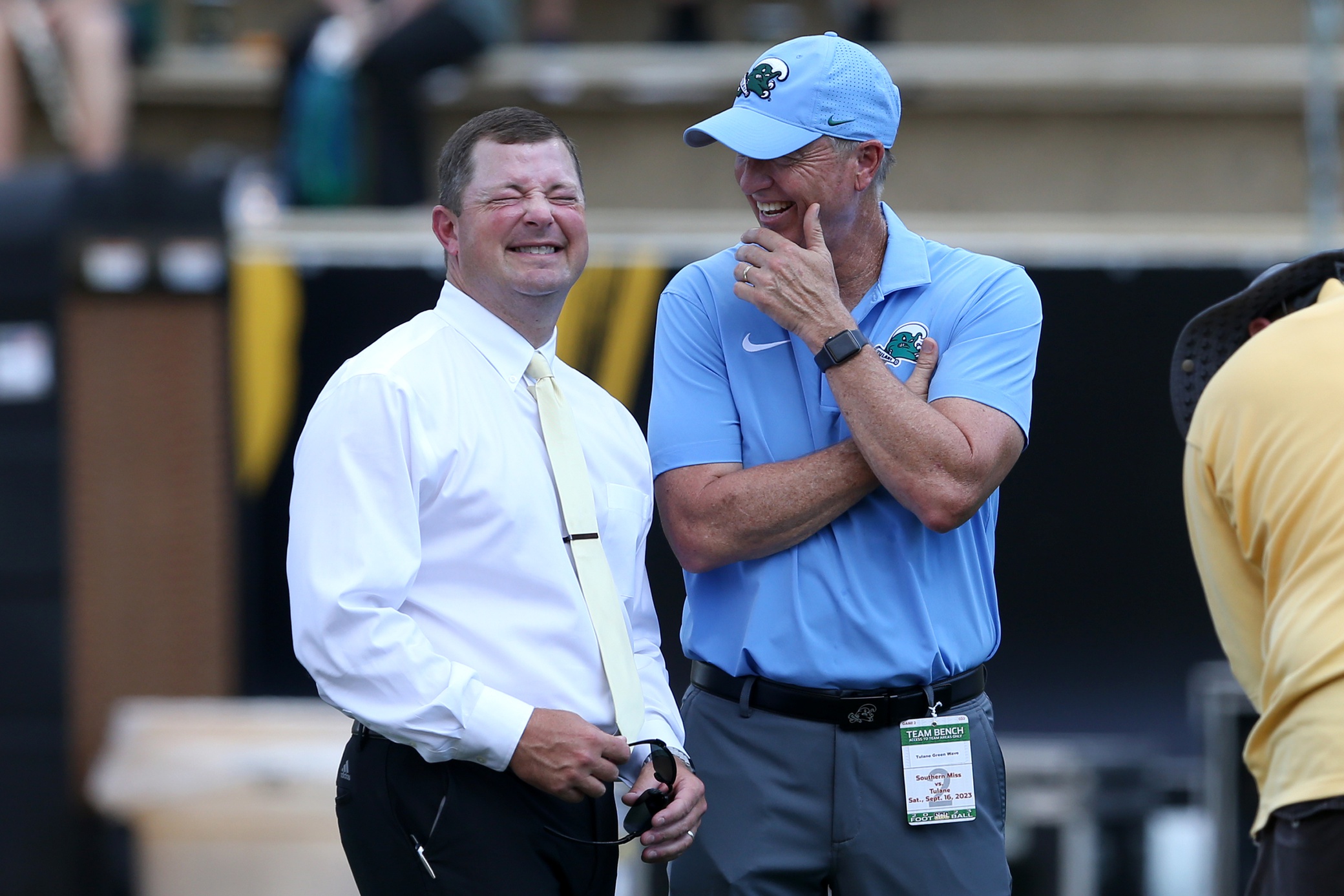 Sep 16, 2023; Hattiesburg, Mississippi, USA; Southern Miss Golden Eagles head coach Will Hall talks to Tulane Green Wave head coach Willie Fritz before their game at M.M. Roberts Stadium.