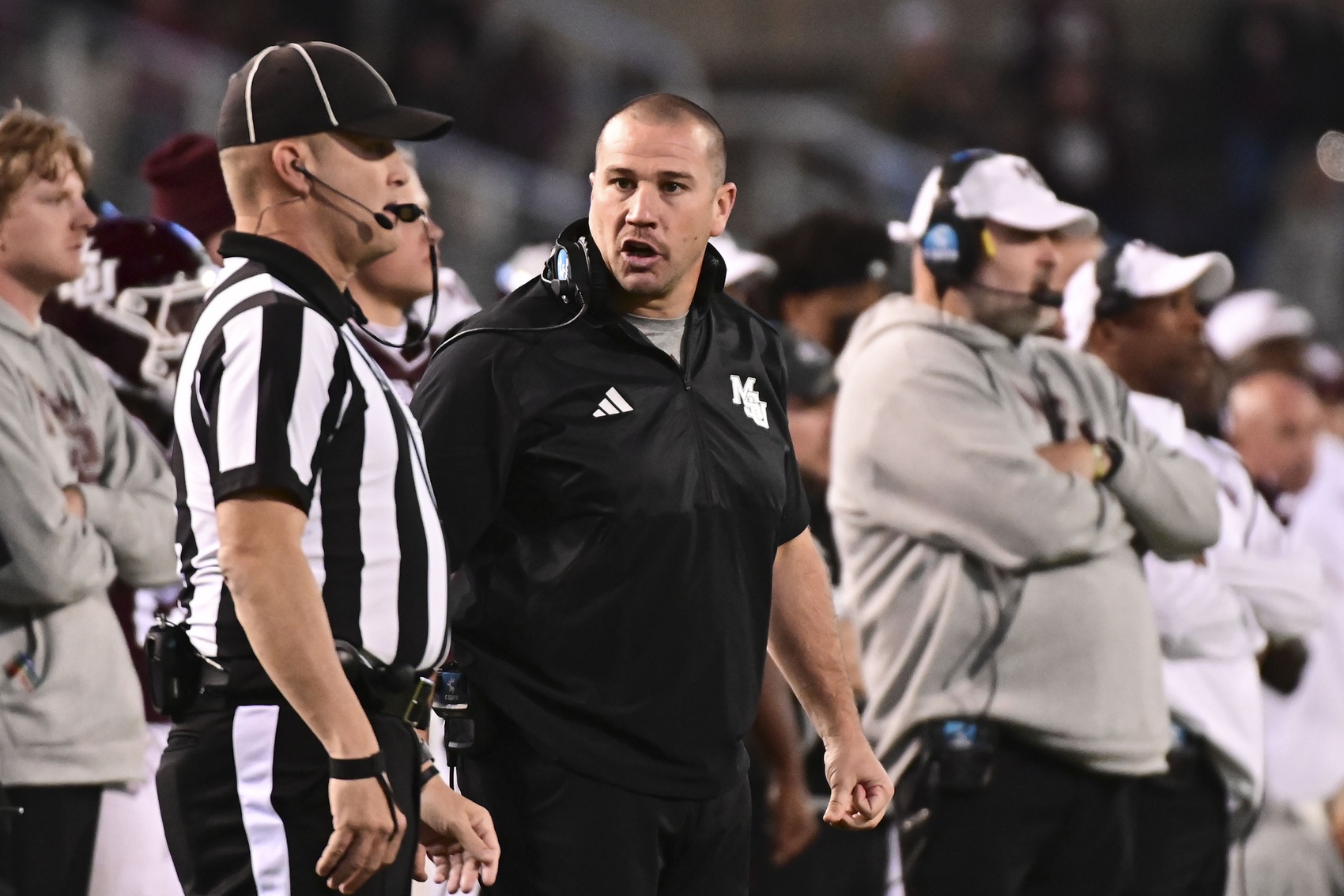 Nov 4, 2023; Starkville, Mississippi, USA; Mississippi State Bulldogs head coach Zach Arnett reacts after a play against the Kentucky Wildcats during the fourth quarter at Davis Wade Stadium at Scott Field.
