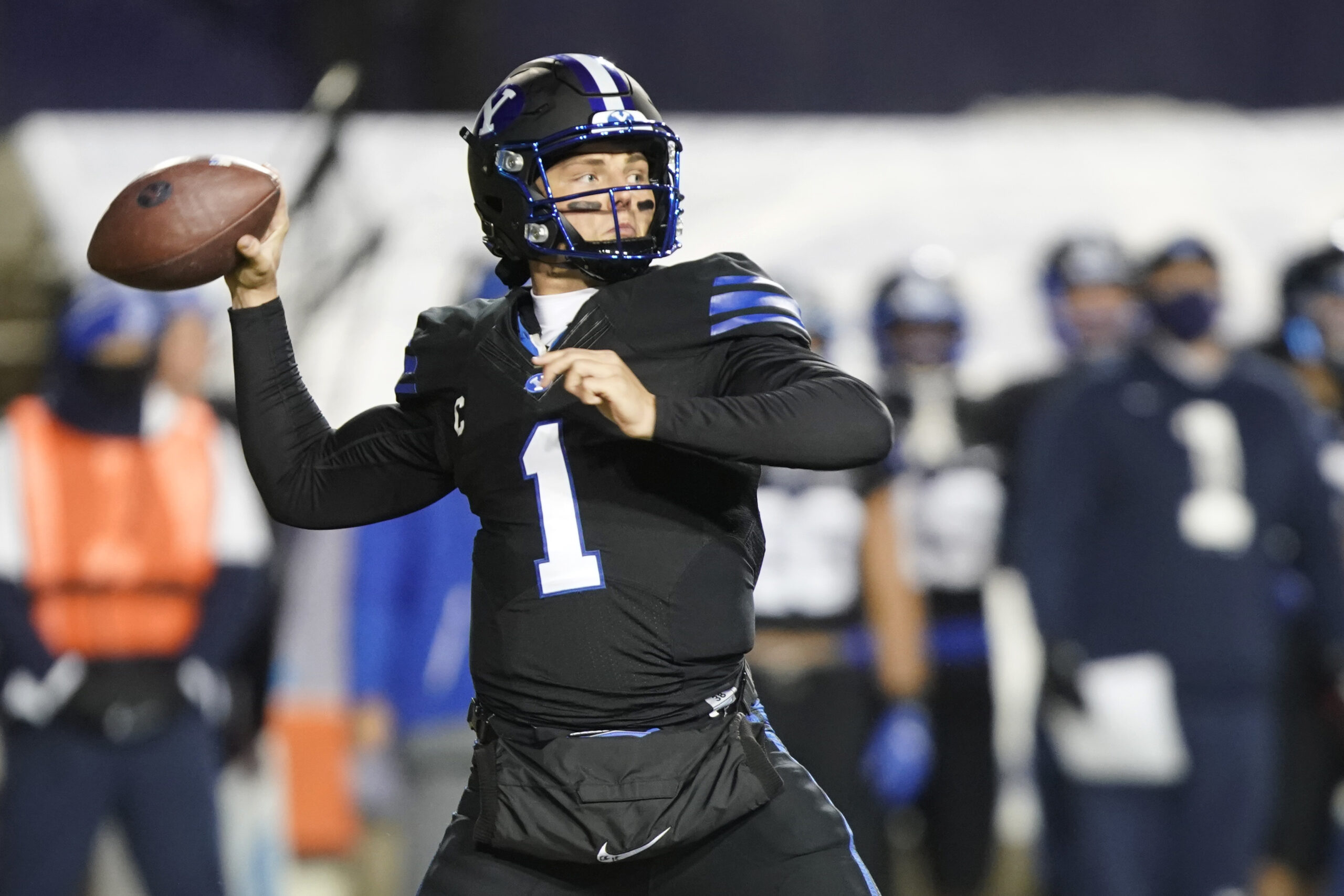Dec 12, 2020; Provo, UT, USA; BYU quarterback Zach Wilson passes the ball in the first half of an NCAA college football game against San Diego State Saturday, Dec. 12, 2020, in Provo, Utah.