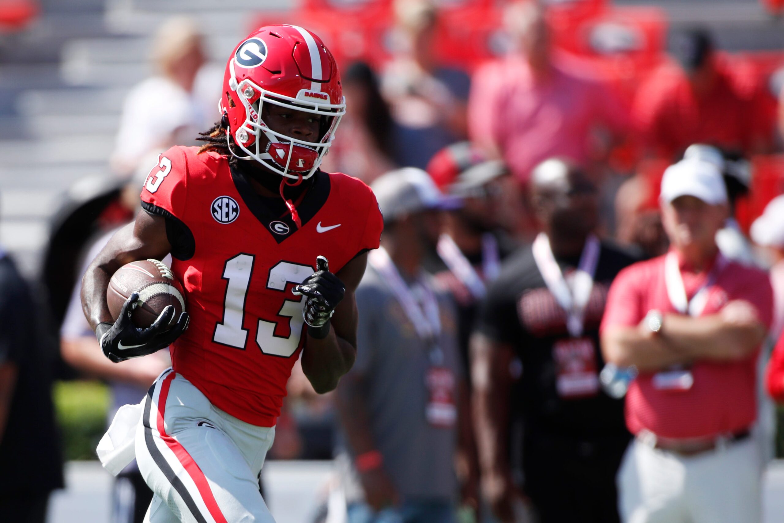 Georgia wide receiver Zeed Haynes (13) warms up before the start of a NCAA college football game against Ball State in Athens, Ga., on Saturday, Sept. 9, 2023.