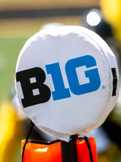 The logo of the Big Ten Conference is seen on a yard marker during Iowa Hawkeyes football Kids Day at Kinnick open practice