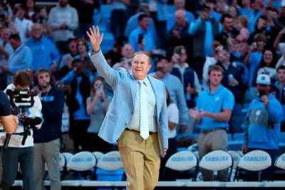 Dec 14, 2024; Chapel Hill, North Carolina, USA; North Carolina Tar Heels head football coach Bill Belichick is introduced during half time at Dean E. Smith Center.