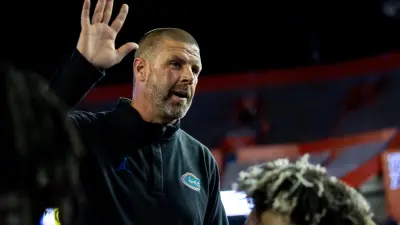 Florida Gators head coach Billy Napier gestures during a post game speech at Steve Spurrier Field at Ben Hill Griffin Stadium in Gainesville