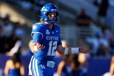 Sep 7, 2024; Lexington, Kentucky, USA; Kentucky Wildcats quarterback Brock Vandagriff (12) looks to the sideline during the third quarter against the South Carolina Gamecocks at Kroger Field.