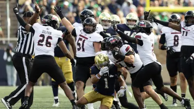 Northern Illinois linebacker Christian Fuhrman (44) intercepts a Notre Dame pass during a NCAA college football game between Notre Dame and Northern Illinois at Notre Dame Stadium on Saturday