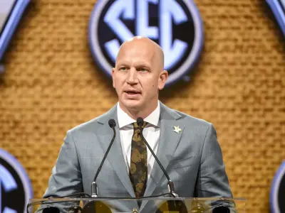 Jul 18, 2023; Nashville, TN, USA; Vanderbilt Commodores head coach Clark Lea speaks with the media during SEC Media Days at Grand Hyatt.