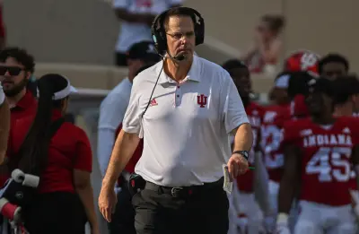 Aug 31, 2024; Bloomington, Indiana, USA; Indiana Hoosiers Head Coach Curt Cignetti walks along the sideline against the Florida International Panthers during the second half at Memorial Stadium.
