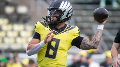 Oregon quarterback Dillon Gabriel throws a pass during warmups as the No. 1 Oregon Ducks host the No. 21 Illinois Fighting Illini Saturday