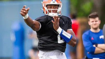 Florida quarterback DJ Lagway (2) passes to a receiver during practice. The Florida Gators held their second Spring football practice at Sanders Practice Fields in Gainesville