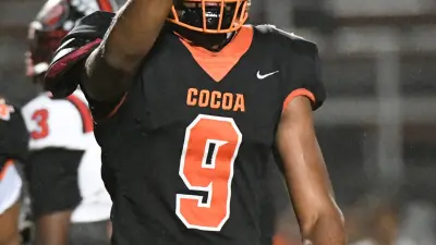 Javion Hilson of Cocoa reacts to a defensive play against Dunnellon in the FHSAA football playoffs Friday